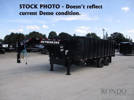 Stock #17645 New 2023 PJ Trailer 96x20&#39; Gooseneck Dump, Model: DDQ20J2GSB01CE-JA06, 30000 lbs GVW; Number of axle(s): 2; Per axle capacity: 15000 lbs; Steel construction, Gooseneck hitch,   DEMO Gooseneck, Deckover, 4&#39; Sides, Barn doors, 10 Ton Scissor Hoist w Gravity down, Ramps, 12 inch on center crossmembers, Hydraulic Monster Jacks, GN 30k coupler, 17.5 inch Tires &amp; Wheels, LEDs, 2 15k Dexter oil bath axles with Electric/hydraulic drum brakes &amp; heavy duty adjustable suspension, 17.78 Cubic yard capacity. Primer + powder coat Color: Black. Estimated shipping weight as stated by Mfg: 10820#. *Spare tire is NOT included. Sold separately. *Price reflects discount for demo use and aging and/or model year (may have scratches, fading, rust spots, etc). *12% FET Tax will be added onto total sale price.   Estimated payload capacity: 19180 lbs, Vin #4P53D3021P1386636.  3 year Mfg Limited Warranty. Exclusions may apply. Located in Sycamore, IL 60178. All prices advertised do NOT include doc fee, taxes, title, and plate fees.   Go to www.rondotrailer.com for more information and to see our HUGE selection of inventory.  We&#39;re here to help because we&#39;re always behind you!     Tags:Dump Gooseneck Dump    Other Dump Dump Trailers Dump Dump Trailer Cargo Trailer Gooseneck Trailers.