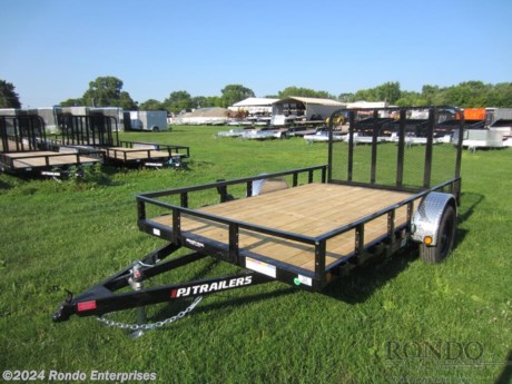 Stock #18331 New 2024 PJ Trailer 83x12&#39; Single Axle Utility, Model: U821231DSBKT, 2995 lbs GVW; Number of axle(s): 1; Per axle capacity: 3500 lbs; Steel construction, Bumper hitch, A-MAY-zing Spring Sale!&amp;nbsp;April showers have come and gone. And now May is blooming with DEALS! While supplies last - Don&amp;apos;t delay! 16 inch Dove, Gate, Spare mount, Ready Rail feature, Radial tires, LEDs, Lippert Idler axle, No brakes. Primer + powder coat Color: Black. Estimated shipping weight as stated by Mfg: 1360#. *Spare tire is NOT included. Sold separately. *Price reflects discount for aging and/or model year (may have scratches, fading, rust spots, etc).   Estimated payload capacity: 1635 lbs, Vin #3CV1U1610R2663150.  3 year Mfg Limited Warranty. Exclusions may apply. Located in Sycamore, IL 60178. All prices advertised do NOT include doc fee, taxes, title, and plate fees.   Go to www.rondotrailer.com for more information and to see our HUGE selection of inventory.  We&#39;re here to help because we&#39;re always behind you!     Tags:Single Axle Utility     Utility Open Utility Trailers Utility Utility Trailer Landscape Trailer Trailers - Other.