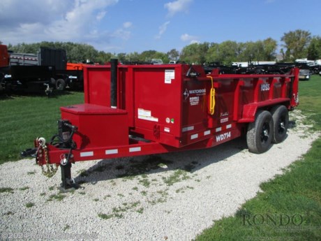 Stock #18447 New 2024 Watchdog 83x14&#39; Dump, Model: WD714, 14000 lbs GVW; Number of axle(s): 2; Per axle capacity: 7000 lbs; Steel construction, Bumper hitch, A-MAY-zing Spring Sale!&amp;nbsp;April showers have come and gone. And now May is blooming with DEALS! While supplies last - Don&amp;apos;t delay! Low profile, Combo split/spreader gate, Telescopic cylinder (3 stage), Power up/gravity down, Slide in Ramps, Tarp kit, Rear Stab Jacks, 10k Jack, (5) D-rings, 16 inch 10 Ply Tires, Upgrade to Black Aluminum Wheels, Adjustable coupler or pintle ring, Spare mount, Underbed storage, 7ga Floor &amp; Doors, 10ga Sides, LEDs, 2 Axle Tek axles with electric brakes, 7.2 Cubic yard capacity. Color: Red. Estimated shipping weight as stated by Mfg: 4680#. *Spare tire is NOT included. Sold separately. *Price reflects discount for aging and/or model year (may have scratches, fading, rust spots, etc).   Estimated payload capacity: 9320 lbs, Vin #1W9BD142XR1654111.  Mfg Limited Warranty. Exclusions may apply. Located in Sycamore, IL 60178. All prices advertised do NOT include doc fee, taxes, title, and plate fees.   Go to www.rondotrailer.com for more information and to see our HUGE selection of inventory.  We&#39;re here to help because we&#39;re always behind you!     Tags:Dump     Other Dump Dump Trailers Dump Dump Trailer Cargo Trailer .