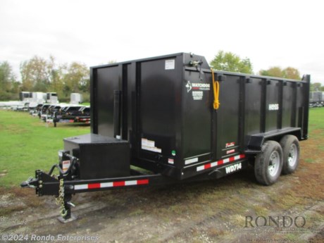 Stock #18463 New 2024 Watchdog 83x14&#39; Dump, Model: WDF714H, 14000 lbs GVW; Number of axle(s): 2; Per axle capacity: 7000 lbs; Steel construction, Bumper hitch,   4&#39; Sides, Low profile, Barn doors, Telescopic cylinder (3 stage), Power up/gravity down, Slide in Ramps, Tarp kit, Rear stab jacks, 10k Jack, (5) D-rings, 16 inch 10 ply Tires &amp; Wheels, Adjustable coupler or pintle ring, Spare mount, Underbed storage, 7ga Floor &amp; Doors, LEDs, 2 Axis axles with electric brakes, 14.3 Cubic yard capacity. Color: Black. Estimated shipping weight as stated by Mfg: 4800#. *Spare tire is NOT included. Sold separately.   Estimated payload capacity: 9200 lbs, Vin #1W9BD1423R1654144.  Mfg Limited Warranty. Exclusions may apply. Located in Sycamore, IL 60178. All prices advertised do NOT include doc fee, taxes, title, and plate fees.   Go to www.rondotrailer.com for more information and to see our HUGE selection of inventory.  We&#39;re here to help because we&#39;re always behind you!     Tags:Dump     Other Dump Dump Trailers Dump Dump Trailer Cargo Trailer .