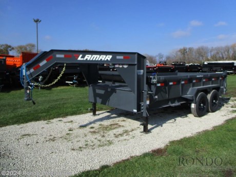 Stock #18505 New 2024 Lamar 83x14&#39; Gooseneck Dump, Model: DL831427MX, 14000 lbs GVW; Number of axle(s): 2; Per axle capacity: 7000 lbs; Steel construction, Gooseneck hitch,   GN, Low profile, 2-way Spreader gate, Ramps, Scissor hoist w 3-way pump, Tarp Kit, 2&#39; Sides, Support stands, Spare mount, 4 D-rings, (2) 10k Jacks, Adjustable gooseneck coupler (standard hgt neck), 16 inch Radial tires, 7ga Floor, 8 inch 13# I-beam frame, 12 inch on center crossmembers, 5 amp trickle charger, LEDs, 2 Lippert Spring axles with electric brakes, 7.2 Cubic yard capacity. Color: Gray. Estimated shipping weight as stated by Mfg: 4590#. *Spare tire is NOT included. Sold separately.   Estimated payload capacity: 9410 lbs, Vin #5RVDL1421RP125402.  Mfg Limited Warranty. Exclusions may apply. Located in Sycamore, IL 60178. All prices advertised do NOT include doc fee, taxes, title, and plate fees.   Go to www.rondotrailer.com for more information and to see our HUGE selection of inventory.  We&#39;re here to help because we&#39;re always behind you!     Tags:Dump Gooseneck Dump    Other Dump Dump Trailers Dump Dump Trailer Cargo Trailer Gooseneck Trailers.