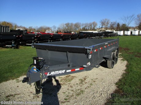 Stock #18512 New 2024 Lamar 83x16&#39; Dump, Model: DL831627MX, 14000 lbs GVW; Number of axle(s): 2; Per axle capacity: 7000 lbs; Steel construction, Bumper hitch,   Low profile, 2-way Spreader gate, Ramps, Scissor hoist w 3-way pump, Tarp Kit, 2&#39; Sides, Support stands, Spare mount, 4 D-rings, 10k Jack, Adjustable coupler or pintle ring, 14ply LRG Radial tires, 7ga Floor, 8 inch 13# I-beam frame, 12 inch on center crossmembers, 5 amp trickle charger, LEDs, 2 Lippert Spring axles with electric brakes, 8.2 Cubic yard capacity. Color: Gray. Estimated shipping weight as stated by Mfg: 4865#. *Spare tire is NOT included. Sold separately.   Estimated payload capacity: 9135 lbs, Vin #5RVDL1620RP125534.  Mfg Limited Warranty. Exclusions may apply. Located in Sycamore, IL 60178. All prices advertised do NOT include doc fee, taxes, title, and plate fees.   Go to www.rondotrailer.com for more information and to see our HUGE selection of inventory.  We&#39;re here to help because we&#39;re always behind you!     Tags:Dump     Other Dump Dump Trailers Dump Dump Trailer Cargo Trailer .