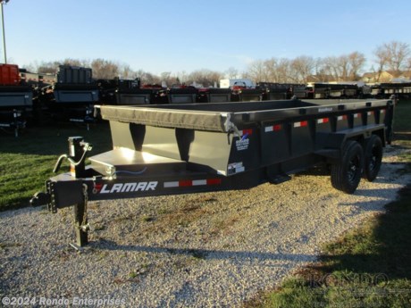 Stock #18516 New 2024 Lamar 83x16&#39; Dump, Model: DL831627MX, 14000 lbs GVW; Number of axle(s): 2; Per axle capacity: 7000 lbs; Steel construction, Bumper hitch,   Low profile, 2-way Spreader gate, Ramps, Scissor hoist w 3-way pump, Tarp Kit, 2&#39; Sides, Support stands, Spare mount, 4 D-rings, 10k Jack, Adjustable coupler or pintle ring, 14ply LRG Radial tires, 7ga Floor, 8 inch 13# I-beam frame, 12 inch on center crossmembers, 5 amp trickle charger, LEDs, 2 Lippert Spring axles with electric brakes, 8.2 Cubic yard capacity. Color: Gray. Estimated shipping weight as stated by Mfg: 4865#. *Spare tire is NOT included. Sold separately.   Estimated payload capacity: 9135 lbs, Vin #5RVDL1622RP125535.  Mfg Limited Warranty. Exclusions may apply. Located in Sycamore, IL 60178. All prices advertised do NOT include doc fee, taxes, title, and plate fees.   Go to www.rondotrailer.com for more information and to see our HUGE selection of inventory.  We&#39;re here to help because we&#39;re always behind you!     Tags:Dump     Other Dump Dump Trailers Dump Dump Trailer Cargo Trailer .
