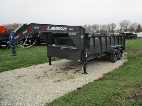 Stock #18513 New 2024 Lamar 83x16&#39; Gooseneck Dump, Model: DL831627MX, 14000 lbs GVW; Number of axle(s): 2; Per axle capacity: 7000 lbs; Steel construction, Gooseneck hitch,   GN, 3&#39; Sides, Low profile, 2-way Spreader gate, Ramps, Scissor hoist w 3-way pump, Tarp Kit, Support stands, Spare mount, 4 D-rings, (2) 10k Jacks, Adjustable gooseneck coupler (standard hgt neck), 14ply LRG Radial tires, 7ga Floor, 8 inch 13# I-beam frame, 12 inch on center crossmembers, 5 amp trickle charger, LEDs, 2 Lippert Spring axles with electric brakes, 12.3 Cubic yard capacity. Color: Gray. Estimated shipping weight as stated by Mfg: 4865#. *Spare tire is NOT included. Sold separately.  Estimated payload capacity: 9135 lbs, Vin #5RVDL1624RP125536.  Mfg Limited Warranty. Exclusions may apply. Located in Sycamore, IL 60178. All prices advertised do NOT include doc fee, taxes, title, and plate fees.   Go to www.rondotrailer.com for more information and to see our HUGE selection of inventory.  We&#39;re here to help because we&#39;re always behind you!     Tags:Dump Gooseneck Dump    Other Dump Dump Trailers Dump Dump Trailer Cargo Trailer Gooseneck Trailers.