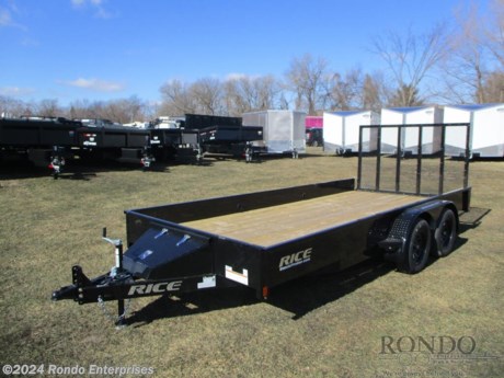 Stock #18640 New 2024 Rice 82x16&#39; Utility, Model: TST8216, 7000 lbs GVW; Number of axle(s): 2; Per axle capacity: 3500 lbs; Steel construction, Bumper hitch,   Stealth - Gate, 14 inch tall solid sides, Front storage box, 2k Jack, Treated Wood, Adjustable 2 5/16 inch coupler, LEDs, 2 Dexter axles with electric brakes only on 1 axle. Color: Black. Estimated empty weight 1830#. *Spare tire is NOT included. Sold separately.   Estimated payload capacity: 5170 lbs, Vin #4RWBS1628RH049972.  1 year Mfg Limited Warranty. Exclusions may apply. Located in Sycamore, IL 60178. All prices advertised do NOT include doc fee, taxes, title, and plate fees.   Go to www.rondotrailer.com for more information and to see our HUGE selection of inventory.  We&#39;re here to help because we&#39;re always behind you!     Tags:Tandem Axle Utility     Utility Utility Utility Trailers Utility Utility Trailer Landscape Trailer Trailers - Other.