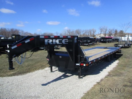Stock #18642 New 2024 Rice 102x25&#39; Gooseneck, Model: DOG14205, 15990 lbs GVW; Number of axle(s): 2; Per axle capacity: 7000 lbs; Steel construction, Gooseneck hitch,   Low-pro, 5&#39; Dove, Full width ramps (spring assist), 2 10k jacks, Torque tube, LEDs, 2 7k Dexter axles with electric brakes. Color: Black. Estimated empty weight 5190#. *Spare tire is NOT included. Sold separately.   Estimated payload capacity: 10800 lbs, Vin #4RWGD2529RH049888.  1 year Mfg Limited Warranty. Exclusions may apply. Located in Sycamore, IL 60178. All prices advertised do NOT include doc fee, taxes, title, and plate fees.   Go to www.rondotrailer.com for more information and to see our HUGE selection of inventory.  We&#39;re here to help because we&#39;re always behind you!     Tags:Gooseneck Flatbed     Other Flatbed Gooseneck Trailers Flatbed Gooseneck Trailers Flatbed Trailer Deckover.