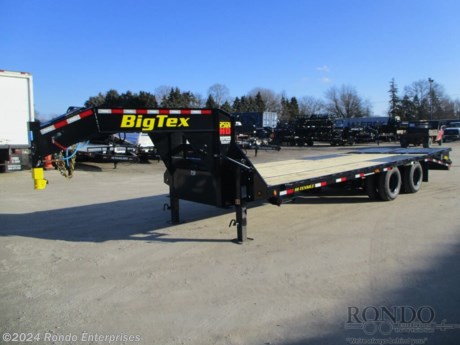 Stock #18649 New 2024 Big Tex 102x25&#39; Gooseneck, Model: 22GN-25D5A-MRBK, 23900 lbs GVW; Number of axle(s): 2; Per axle capacity: 10000 lbs; Steel construction, Gooseneck hitch,   Low pro, 5&#39; Dove, 2 MEGA ramps with Hold-down latches, Dual 2-Speed 50k Jacks, Integrated Work Lights Package, 16 inch LRE Radial tires &amp; wheels, GN 2-5/16 inch Square Demco EZ Latch coupler (30,000 lb.), 55% Larger Front Storage Box with Integrated Chain Holder, 12 inch x 19# Pierced I-beam frame, LEDs, (2) 10k Lippert oil bath axles with 30k HD Adjustable suspension &amp; electric brakes. Color: Black. Estimated empty weight 6920#. *Spare tire is NOT included. Sold separately.   Estimated payload capacity: 16980 lbs, Vin #16V3F3320R6345411.  3 year Mfg Limited Warranty. Exclusions may apply. Located in Sycamore, IL 60178. All prices advertised do NOT include doc fee, taxes, title, and plate fees.   Go to www.rondotrailer.com for more information and to see our HUGE selection of inventory.  We&#39;re here to help because we&#39;re always behind you!     Tags:Gooseneck Flatbed     Other Flatbed Gooseneck Trailers Flatbed Gooseneck Trailers Flatbed Trailer Deckover.