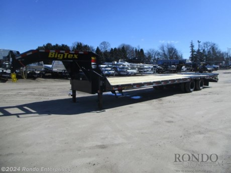 Stock #18652 New 2024 Big Tex 102x33&#39; Gooseneck, Model: 22GN-33D5A-MRBK, 23900 lbs GVW; Number of axle(s): 2; Per axle capacity: 10000 lbs; Steel construction, Gooseneck hitch,   Low pro, 5&#39; Dove, 2 MEGA ramps with Hold-down latches, Sliding winch track, Dual 2-Speed 50k Jacks, Integrated Work Lights Package, 14 Ply LRG 16 inch Radial tires &amp; wheels, GN 2-5/16 inch Square Demco EZ Latch coupler (30,000 lb.), 55% Larger Front Storage Box with Integrated Chain Holder, 12 inch x 19# Pierced I-beam frame, Twist Guard frame design, LEDs, (2) 10k Lippert oil bath axles with 30k HD Adjustable suspension &amp; electric brakes. Color: Black. Estimated shipping weight as stated by Mfg: 8120#. *Spare tire is NOT included. Sold separately.   Estimated payload capacity: 15780 lbs, Vin #16V3F412XR6299837.  3 year Mfg Limited Warranty. Exclusions may apply. Located in Sycamore, IL 60178. All prices advertised do NOT include doc fee, taxes, title, and plate fees.   Go to www.rondotrailer.com for more information and to see our HUGE selection of inventory.  We&#39;re here to help because we&#39;re always behind you!     Tags:Gooseneck Flatbed     Other Flatbed Gooseneck Trailers Flatbed Gooseneck Trailers Flatbed Trailer Deckover.