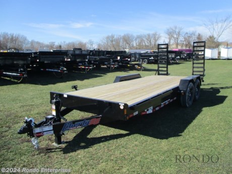 Stock #18715 New 2024 Liberty 83x20&#39; Equipment, Model: LE14K83X18+2C8SR              , 14000 lbs GVW; Number of axle(s): 2; Per axle capacity: 7000 lbs; Steel construction, Bumper hitch,   2&#39; Dove (self clean), 5&#39; Stand up Ramps (4 inch Channel, Extra wide, Close rung), Spare mount, 12k Jack, Adjustable coupler or pintle ring, 14ga Diamond plate Fenders, Radial tires, LEDs, 8 inch channel frame, 2 Dexter axles with electric brakes. Color: Black. Estimated empty weight 3300#. *Spare tire is NOT included. Sold separately.   Estimated payload capacity: 10700 lbs, Vin #5M4LE2027RF041050.  1 year Mfg Limited Warranty. Exclusions may apply. Located in Sycamore, IL 60178. All prices advertised do NOT include doc fee, taxes, title, and plate fees.   Go to www.rondotrailer.com for more information and to see our HUGE selection of inventory.  We&#39;re here to help because we&#39;re always behind you!     Tags:Equipment     Other Flatbed Heavy Equipment Trailers Equipment Equipment Trailer Flatbed Trailer .