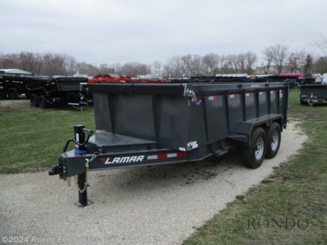 Stock #18744 New 2024 Lamar 83x14&#39; Dump, Model: DL831427, 14000 lbs GVW; Number of axle(s): 2; Per axle capacity: 7000 lbs; Steel construction, Bumper hitch,  3&#39; Sides, Low profile, 2-way Spreader gate, Ramps, Scissor hoist w 3-way pump, Tarp Kit, Support stands, Spare mount, 4 D-rings, 10k Jack, Adjustable coupler or pintle ring, Upgrade to 235/85R16 LRG 14 ply Radial tires, 7ga Floor, 8 inch 13# I-beam frame, 12 inch on center crossmembers, 5 amp trickle charger, LEDs, 2 Lipper Spring axles with electric brakes, 10.7 Cubic yard capacity. Color: Gray. Estimated empty weight 4590#. *Spare tire is NOT included. Sold separately.   Estimated payload capacity: 9410 lbs, Vin #5RVDL1422RP128521.  Mfg Limited Warranty. Exclusions may apply. Located in Sycamore, IL 60178. All prices advertised do NOT include doc fee, taxes, title, and plate fees.   Go to www.rondotrailer.com for more information and to see our HUGE selection of inventory.  We&#39;re here to help because we&#39;re always behind you!     Tags:Dump     Other Dump Dump Trailers Dump Dump Trailer Cargo Trailer .