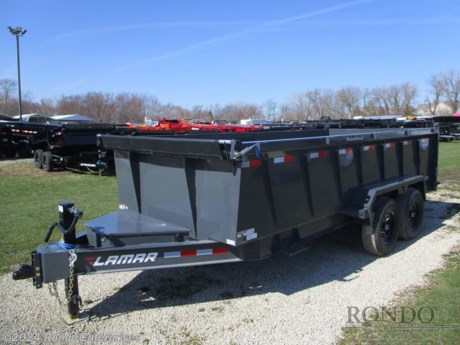 Stock #18742 New 2024 Lamar 83x16&#39; Dump, Model: DL831627, 14000 lbs GVW; Number of axle(s): 2; Per axle capacity: 7000 lbs; Steel construction, Bumper hitch,  3&#39; Sides, Low profile, 2-way Spreader gate, Ramps, Scissor hoist w 3-way pump, Tarp Kit, Spare mount, 4 D-rings, 10k Jack, Adjustable coupler or pintle ring, Radial tires, 7ga Floor, 8 inch 13# I-beam frame, 12 inch on center crossmembers, 5 amp trickle charger, LEDs, 2 Lippert Spring axles with electric brakes, 12.3 Cubic yard capacity. Color: Gray. Estimated empty weight 4865#. *Spare tire is NOT included. Sold separately.   Estimated payload capacity: 9135 lbs, Vin #5RVDL1625RP128106.  Mfg Limited Warranty. Exclusions may apply. Located in Sycamore, IL 60178. All prices advertised do NOT include doc fee, taxes, title, and plate fees.   Go to www.rondotrailer.com for more information and to see our HUGE selection of inventory.  We&#39;re here to help because we&#39;re always behind you!     Tags:Dump     Other Dump Dump Trailers Dump Dump Trailer Cargo Trailer .