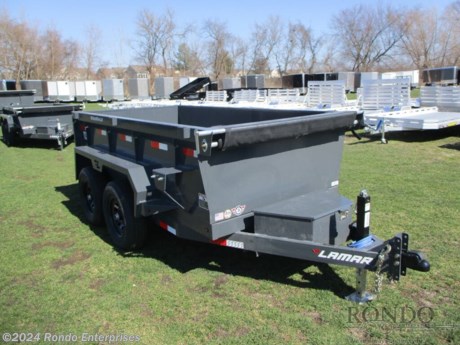 Stock #18738 New 2024 Lamar 60x10&#39; Dump, Model: DS601025, 10400 lbs GVW; Number of axle(s): 2; Per axle capacity: 5200 lbs; Steel construction, Bumper hitch,  Barn Doors, Ramps, Tarp kit, Single 3.5x24 inch Cylinder, D-Rings, Spare mount, 24 inch sides, 7k Jack, Adjustable Coupler or pintle ring, Radial tires, 16 inch on center crossmembers, 5 amp trickle charger, LEDs, 2 Lippert Spring axles with electric brakes, 3.7 Cubic yard capacity. Color: Gray. Estimated empty weight 2460#. *Spare tire is NOT included. Sold separately.   Estimated payload capacity: 7940 lbs, Vin #5RVDS1022RP128611.  Mfg Limited Warranty. Exclusions may apply. Located in Sycamore, IL 60178. All prices advertised do NOT include doc fee, taxes, title, and plate fees.   Go to www.rondotrailer.com for more information and to see our HUGE selection of inventory.  We&#39;re here to help because we&#39;re always behind you!     Tags:Dump     Other Dump Dump Trailers Dump Dump Trailer Cargo Trailer .