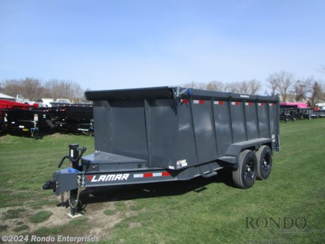 Stock #18771 New 2024 Lamar 83x14&#39; Dump, Model: DL831427, 14000 lbs GVW; Number of axle(s): 2; Per axle capacity: 7000 lbs; Steel construction, Bumper hitch,  4&#39; Sides, Low profile, 2-way Spreader gate, Ramps, Scissor hoist w 3-way pump, Tarp Kit, Support stands, Spare mount, 4 D-rings, 10k Jack, Adjustable coupler or pintle ring, 14 ply LRG Radial tires, 7ga Floor, 8 inch 13# I-beam frame, 12 inch on center crossmembers, 5 amp trickle charger, LEDs, 2 Lippert Spring axles with electric brakes, 14.3 Cubic yard capacity. Color: Gray. Estimated empty weight 4590#. *Spare tire is NOT included. Sold separately.   Estimated payload capacity: 9410 lbs, Vin #5RVDL1427RP129342.  Mfg Limited Warranty. Exclusions may apply. Located in Sycamore, IL 60178. All prices advertised do NOT include doc fee, taxes, title, and plate fees.   Go to www.rondotrailer.com for more information and to see our HUGE selection of inventory.  We&#39;re here to help because we&#39;re always behind you!     Tags:Dump     Other Dump Dump Trailers Dump Dump Trailer Cargo Trailer .