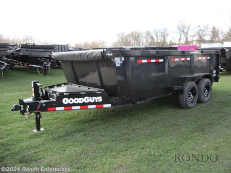 Stock #18786 New 2025 GoodGuys 83x16&#39; Dump, Model: DH716B, 14000 lbs GVW; Number of axle(s): 2; Per axle capacity: 7000 lbs; Steel construction, Bumper hitch,  3&#39; Sides, Low Profile, Split/spreader gate, Ramps, Scissor Hoist wtih Gravity down, Tarp kit, 12k Jack, Adjustable coupler or pintle ring, Spare mount, D-rings, 7 ga Floor w 12 inch on center crossmembers, 16 inch Radial tires, 8 inch I-beam 10#, LEDs, 2 Lippert Straight spring axles with electric brakes, 10.7 Cubic yard capacity. Powder coat Color: Black. Estimated empty weight 4900#. *Spare tire is NOT included. Sold separately.   Estimated payload capacity: 9100 lbs, Vin #7TTBD1627ST001578.  Mfg Limited Warranty. Exclusions may apply. Located in Sycamore, IL 60178. All prices advertised do NOT include doc fee, taxes, title, and plate fees.   Go to www.rondotrailer.com for more information and to see our HUGE selection of inventory.  We&#39;re here to help because we&#39;re always behind you!     Tags:Dump     Other Dump Dump Trailers Dump Dump Trailer Cargo Trailer .