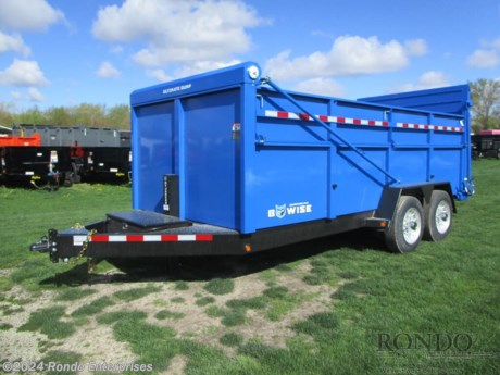 Stock #18815 New 2024 BWISE 82x16&#39; Dump, Model: DU16-17, 17600 lbs GVW; Number of axle(s): 2; Per axle capacity: 8000 lbs; Steel construction, Bumper hitch,  Ultimate Dump - 4&#39; sides w Top 20 inches that Fold down, Low profile, Hydraulic double acting Gate, Hydraulic Jack, HD Scissor hoist w 5 inch cylinder, Wireless remote, Tarp kit, Adjustable coupler or pintle, 215/75R17.5 LRG tires, Aluminum Wheels, Matching spare tire &amp; wheel included (mounted under bed), Rear stabilizer legs, 10ga 1-piece floor, 12ga sides, 8 inch Tube main frame, LEDs, 2 Lippert 8k drop axles with self-adjusting electric brakes and slipper spring suspension, 16.2 Cubic yard capacity. Color: Blue box / Hammertone Black frame. Estimated shipping weight as stated by Mfg: 6210#.  Estimated payload capacity: 11390 lbs, Vin #58CB1DD25RC005694.  Mfg Limited Warranty. Exclusions may apply. Located in Sycamore, IL 60178. All prices advertised do NOT include doc fee, taxes, title, and plate fees.   Go to www.rondotrailer.com for more information and to see our HUGE selection of inventory.  We&#39;re here to help because we&#39;re always behind you!     Tags:Dump     Other Dump Dump Trailers Dump Dump Trailer Cargo Trailer .
