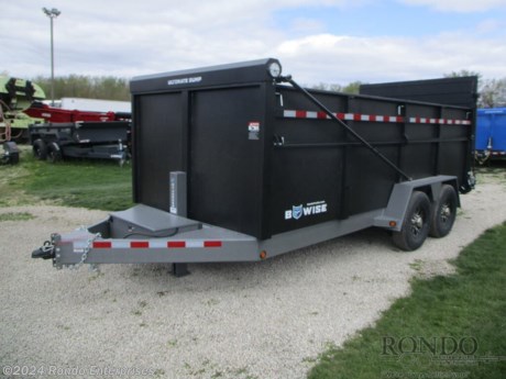 Stock #18814 New 2024 BWISE 82x16&#39; Dump, Model: DU16-15, 15400 lbs GVW; Number of axle(s): 2; Per axle capacity: 7000 lbs; Steel construction, Bumper hitch,  Ultimate Dump - 4&#39; sides w Top 20 inches that Fold down, Low profile, Hydraulic double acting Gate, Hydraulic Jack, HD Scissor hoist w 5 inch cylinder, Wireless remote, Tarp kit, Adjustable coupler or pintle, ST235/80R16 LRE tires, Aluminum Wheels, Matching spare tire &amp; wheel included (mounted under bed), Rear stabilizer legs, 10ga 1-piece floor, 12ga sides, 8 inch Tube main frame, LEDs, 2 Lippert 7k drop axles with self-adjusting electric brakes and slipper spring suspension, 16.2 Cubic yard capacity. Color: Hammertone Black box / Hammertone Gray frame. Estimated shipping weight as stated by Mfg: 5710#.   Estimated payload capacity: 9690 lbs, Vin #58CB1DD28RC005690.  Mfg Limited Warranty. Exclusions may apply. Located in Sycamore, IL 60178. All prices advertised do NOT include doc fee, taxes, title, and plate fees.   Go to www.rondotrailer.com for more information and to see our HUGE selection of inventory.  We&#39;re here to help because we&#39;re always behind you!     Tags:Dump     Other Dump Dump Trailers Dump Dump Trailer Cargo Trailer .