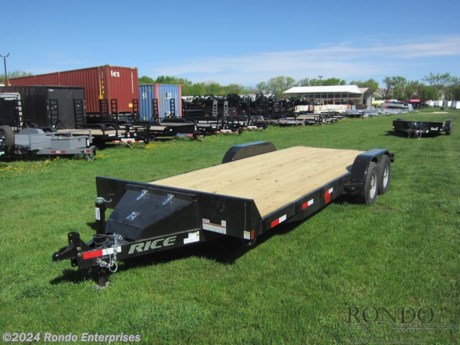 Stock #18854 New 2024 Rice 82x20&#39; Car Hauler, Model: FMCMR8220, 9990 lbs GVW; Number of axle(s): 2; Per axle capacity: 5200 lbs; Steel construction, Bumper hitch,  2&#39; Dove (steel), Slide in ramps, Front storage box, Adjustable 2 5/16 inch coupler, 7k Jack, Treated wood, LEDs, 2 Dexter axles with electric brakes. Color: Black. Estimated shipping weight as stated by Mfg: 2875#. *Spare tire is NOT included. Sold separately.   Estimated payload capacity: 7115 lbs, Vin #4RWBC2026RH051943.  1 year Mfg Limited Warranty. Exclusions may apply. Located in Sycamore, IL 60178. All prices advertised do NOT include doc fee, taxes, title, and plate fees.   Go to www.rondotrailer.com for more information and to see our HUGE selection of inventory.  We&#39;re here to help because we&#39;re always behind you!     Tags:Car Hauler     Car Car Car Haulers Carhauler Car Hauler Flatbed Trailer Race Car Hauler.