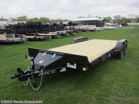 Stock #18857 New 2024 Rice 82x20&#39; Car Hauler, Model: FMCR8220, 7000 lbs GVW; Number of axle(s): 2; Per axle capacity: 3500 lbs; Steel construction, Bumper hitch,  2&#39; Dove, Slide in ramps, Front storage box, Upgrade to Aluminum wheels, Adjustable 2 5/16 inch coupler, 2k Jack, Treated wood, LEDs, 2 Dexter axles with electric brakes. Color: Black. Estimated shipping weight as stated by Mfg: 2325#. *Spare tire is NOT included. Sold separately.  Estimated payload capacity: 4675 lbs, Vin #4RWBC2028RH051944.  1 year Mfg Limited Warranty. Exclusions may apply. Located in Sycamore, IL 60178. All prices advertised do NOT include doc fee, taxes, title, and plate fees.   Go to www.rondotrailer.com for more information and to see our HUGE selection of inventory.  We&#39;re here to help because we&#39;re always behind you!     Tags:Car Hauler     Car Car Car Haulers Carhauler Car Hauler Flatbed Trailer Race Car Hauler.