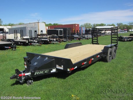 Stock #18853 New 2024 Rice 82x20&#39; Equipment, Model: FMEHR8220, 14000 lbs GVW; Number of axle(s): 2; Per axle capacity: 7000 lbs; Steel construction, Bumper hitch,  2&#39; Dove, Stand up ramps, Front storage box, Adjustable 2 5/16 inch coupler, 10k Jack, Treated wood, LEDs, 2 Dexter axles with electric brakes. Color: Black. Estimated shipping weight as stated by Mfg: 3380#. *Spare tire is NOT included. Sold separately.   Estimated payload capacity: 10620 lbs, Vin #4RWBE2021RH051942.  1 year Mfg Limited Warranty. Exclusions may apply. Located in Sycamore, IL 60178. All prices advertised do NOT include doc fee, taxes, title, and plate fees.   Go to www.rondotrailer.com for more information and to see our HUGE selection of inventory.  We&#39;re here to help because we&#39;re always behind you!     Tags:Equipment     Other Flatbed Heavy Equipment Trailers Equipment Equipment Trailer Flatbed Trailer .