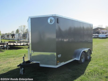 Stock #18866 New 2024 Darkhorse 7x14&#39; Enclosed Cargo, Model: DHW7X14TA35, 7000 lbs GVW; Number of axle(s): 2; Per axle capacity: 3500 lbs; Steel construction, Bumper hitch,  2500 Series - Light duty Ramp w flap, 36 inch Side door, 6 inch Extra height, 18 inch Wedge nose, 3/8 inch plywood Walls, (4) D-rings, Stab Jacks, Side Vents, 16 inch on center Hat post Walls/Floor, 24 inch Stoneguard, Radial tires, .030 Semi-Screwless skin (color matching screws on seams), Aluminum roof, LEDs, 2 Dexter Spring axles with electric brakes, 6.5 Feet Interior Height. Color: Charcoal. Estimated empty weight 2350#. *Spare tire is NOT included. Sold separately.   Estimated payload capacity: 4650 lbs, Vin #7LZBE1427RW117510.  Mfg Limited Warranty. Exclusions may apply. Located in Sycamore, IL 60178. All prices advertised do NOT include doc fee, taxes, title, and plate fees.   Go to www.rondotrailer.com for more information and to see our HUGE selection of inventory.  We&#39;re here to help because we&#39;re always behind you!     Tags:Enclosed Cargo     Cargo Enclosed Cargo Haulers Cargo_enclosed Enclosed Trailer Cargo Trailer .