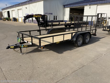 &lt;p&gt;BIG TEX 60 PI -16 TANDEM AXLE UTILITY TRAILER&lt;/p&gt;
&lt;p&gt;77&quot; X 16&#39;&lt;/p&gt;
&lt;p&gt;2 - 3500# AXLES WITH EZ LUBE HUBS AND ELECTRIC BRAKES ON BOTH AXLES&lt;/p&gt;
&lt;p&gt;NEW 15&quot; RADIAL TIRES ON STEEL RIMS&lt;/p&gt;
&lt;p&gt;LED LIGHTS&lt;/p&gt;
&lt;p&gt;4&#39; TUBULAR STEEL REINFORCED RAMPGATE WITH SPRING ASSIST&lt;/p&gt;
&lt;p&gt;SET BACK TONGUE JACK&lt;/p&gt;
&lt;p&gt;2&quot; TREATED WOOD FLOOR&lt;/p&gt;
&lt;p&gt;TUBE TOP RAIL&lt;/p&gt;
&lt;p&gt;2&quot; COUPLER&lt;/p&gt;
&lt;p&gt;7 PIN RV WIRING CONNECTOR&lt;/p&gt;
&lt;p&gt;3 YEAR STRUCTURAL WARRANTY&lt;/p&gt;