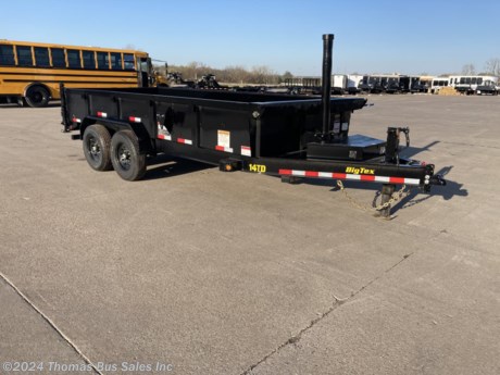 &lt;p&gt;BIG TEX 14TD-14, LOW PROFILE DUMP TRAILER - TELESCOPIC HOIST&lt;/p&gt;
&lt;p&gt;83&quot; X 14&#39;&lt;/p&gt;
&lt;p&gt;2 - 7K AXLES WITH ELECTRIC BRAKES ON ALL 4 WHEELS&lt;/p&gt;
&lt;p&gt;ADJUSTABLE HEIGHT COUPLER&lt;/p&gt;
&lt;p&gt;NEW 16&quot; RADIAL TIRES&lt;/p&gt;
&lt;p&gt;12 TON 3 STAGE TELESCOPIC HOIST&lt;/p&gt;
&lt;p&gt;COMBINATION END GATE:&amp;nbsp; DOUBLE DOOR AND SPREADER FEATURE&lt;/p&gt;
&lt;p&gt;&amp;nbsp;PULLOUT SKID LOADER RAMPS&lt;/p&gt;
&lt;p&gt;I BEAM FRAME WORK&lt;/p&gt;
&lt;p&gt;DEEP CYCLE BATTERY AND PUMP IN LOCKABLE TONGUE MOUNTED TOOLBOX&lt;/p&gt;
&lt;p&gt;110V BATTERY CHARGER&lt;/p&gt;
&lt;p&gt;24&quot; STEEL SIDES AND STAKE POCKETS FOR EXTENSIONS&lt;/p&gt;
&lt;p&gt;4 WELDED D RINGS&lt;/p&gt;
&lt;p&gt;LED LIGHTS&lt;/p&gt;
&lt;p&gt;12K SPRING RETURN TONGUE JACK&lt;/p&gt;
&lt;p&gt;DROP DOWN REAR STABILIZER LEGS&lt;/p&gt;
&lt;p&gt;INSTALLED ROLL TARP KIT&lt;/p&gt;
&lt;p&gt;&amp;nbsp;&lt;/p&gt;