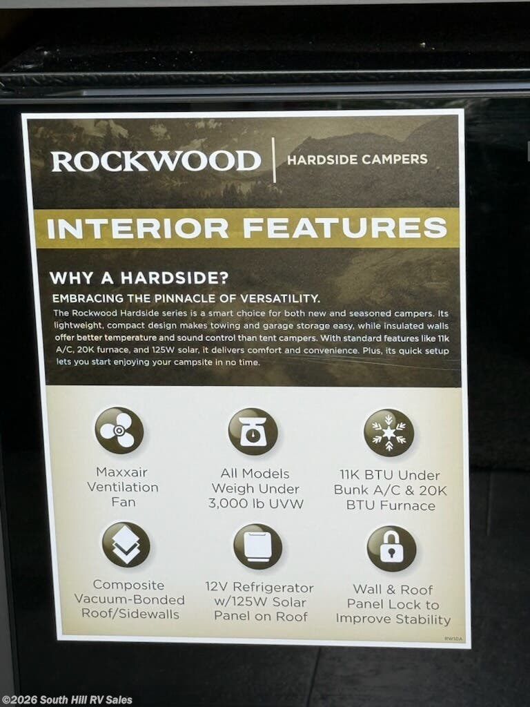 2026 Forest River Rockwood Hard Side A122S - New Popup For Sale by South Hill RV Sales in Puyallup, Washington features Converter, Solar Prep, Solar Panel, Refrigerator, Hitch