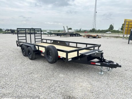 82&quot;x18&#39;, (2) 5200# EZ-Lube brake axles, square tubing uprights, 3&quot;x2&quot; square tubing top rail, 5&quot; channel iron tongue, 2 5/16 coupler, 7000# drop leg set back jack, treated deck, 50&quot; HD ladder style spring assist equipment gate, diamond plate steel fenders, LED lights, sealed wiring harness, stake pockets, spare mount &amp; spare, new 225/75/R15 radial tires, deck height 20&quot;, tool box.