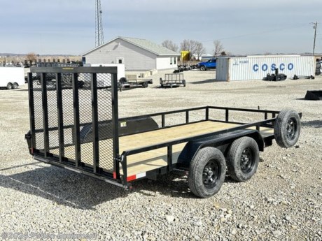 82&quot;x14&#39;, (2) 3500# EZ-Lube brake axles, 50&quot; square tubing forward folding spring assist gate, 2&quot;x 1.5&quot; square tubing uprights, 2&quot;x2&quot; square tube top rail, 4&quot; channel iron tongue, HD diamond plate steel fenders, new radial tires, sealed wiring harness, LED lights, stake pockets, spare tire mount &amp; spare, set back jack, powder coat paint, treated wood floor.
