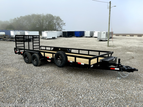 82&quot;x20&#39;, (2) 5200# EZ-Lube brake axles, square tubing uprights, 3&quot;x2&quot; square tubing top rail, 5&quot; channel iron tongue, 2 5/16 coupler, 7000# drop leg set back jack, treated deck, 50&quot; HD ladder style spring assist equipment gate, diamond plate steel fenders, LED lights, sealed wiring harness, stake pockets, spare mount &amp; spare, new 225/75/R15 radial tires, deck height 20&quot;, tool box.