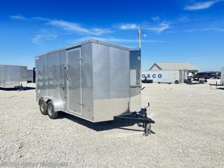 7&#39;x16&#39;, (2) 3500# EZ-Lube brake axles, .030 screw less aluminum sides, 3/4 Drymax floor, 1 piece aluminum roof, new 205/75/R15 radial tires, spare mount &amp; spare, slant V-Nose, 16&quot; square tubing walls, 16&quot; square tubing roof bows, 16&quot; cross members on the floor, 2 side vents, 12V LED interior light, wall switch for light, full ceiling liner above roof bows, 7&#39; interior height, 32&quot; side door W/ flush RV lock &amp; cam bar lock, 3/8 plywood walls, enclosed wiring, double spring assist rear ramp door W/ flap, 6.5&#39; rear opening height.