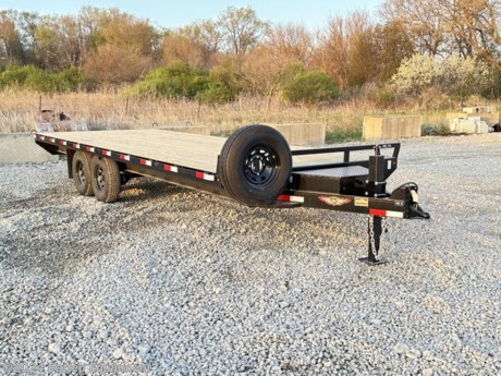 102&quot;x22&#39;, 10&quot; I-Beam frame, 5&quot; channel sides, 6&quot; channel tongue, adjustable 2 5/16 coupler, 12,000# drop leg jack spring assisted, treated deck, (2) 7000# EZ-Lube brake axles, LED lights, sealed wiring harness, round 7 RV plug, rub rail &amp; stake pockets, spare mount &amp; spare, 8&#39; slide in ramps, powder coat paint, 16&quot; cross members, new 10 ply radial tires, tool box.