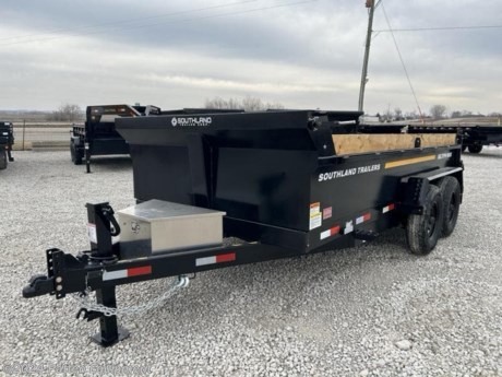 83&quot;x14&#39;, (2) 8000# Equa Flex EZ-Lube brake axles, 17,461# GVWR, 26&quot; sides, aluminum ramps, square tubing frame &amp; tongue, tarp, 4 d-rings, power up &amp; down, 13 ton scissors hoist, 10 ga. floor, 10 ga. wall, new 235/80/R16 (12) ply radial tires, spare holder &amp; spare, 10,000# drop leg jack, adjustable 2 5/16 coupler, stake pockets, 3 way rock spreading gate, rear stabilizer stands, aluminum tool box W/ LED light &amp; built in trickle charger, LED lights, all enclosed wiring, breakaway kit, steel components cleaned with steel shot blast then painted with polyurethane two component paint process. Southland is a dump truck box manufacture that engineered their dump trailers after their dump truck boxes for a stronger floor design than the industry standard. These trailers are engineered in the north to withstand the harsh conditions our winters bring.