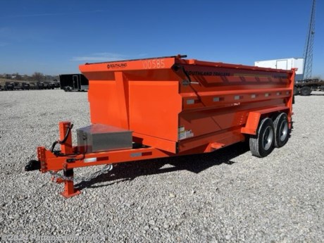 83&quot;x14&#39;, (2) 8000# Equa Flex EZ-Lube brake axles, 17,461# GVWR, 40&quot; sides, aluminum ramps, square tubing frame &amp; tongue, tarp, 4 d-rings, power up &amp; down, 13 ton scissors hoist, 10 ga. floor, 10 ga. walls, new 17.5 inch (16) ply radial tires, spare holder &amp; spare, 10,000# drop leg jack, adjustable 2 5/16 coupler, stake pockets, 3 way rock spreading gate, rear stabilizer stands, aluminum tool box W/ LED light &amp; built in trickle charger, LED lights, all enclosed wiring, breakaway kit, steel components cleaned with steel shot blast then painted with polyurethane two component paint process. Southland is a dump truck box manufacturer that engineered their dump trailers after their dump truck boxes for a stronger floor design than the industry standard. These trailers are engineered in the north to withstand the harsh conditions our winters bring.