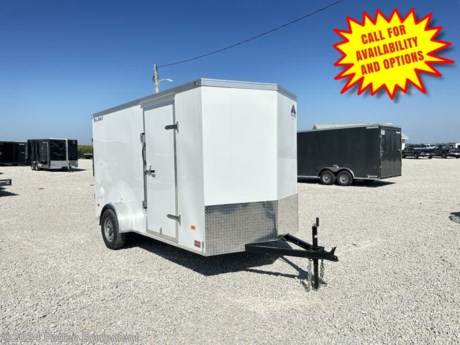 6&#39;x12&#39;, screw less sides, ramp door W/ dual cable spring assist &amp; flap, 6.5&#39; interior height, 6&#39; rear door opening, 3500# axle, new 205/75/R15 tires, 1 piece aluminum roof, square tubing roof bows, square tubing wall posts, 3/4 Drymax floor, 16&quot; cross members, rear stabilizer jacks, V-Nose, spare holder &amp; spare, LED lights, interior light, 2 side wall vents, metal door hold back, 24&quot; stone guard, 4 d-rings.