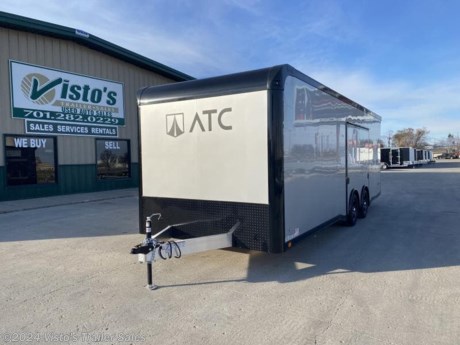 Check out this New ATC 8.5&#39;X24&#39; ROM300 Enclosed Car Trailer from Visto&#39;s Trailer Sales in West Fargo, ND.

Standard Features:-(2) 5,200lb Torsion Axles with Electric Brakes-Full Perimeter Aluminum Frame-16&quot; OC Walls, Floor, and Ceiling-ST225/75/R15 LRE Aluminum Wheels-Winch Plate-.030 Exterior-4,000lb Rear Ramp Door-36&quot; Entrance Door-Stainless Steel Front Verticals and Top Radius with Cast Corners-3/8&quot; Walls-3/4&quot; Engineered Flooring-(4) 5,000lb D Rings-(2) Dome Lights with Switch

Upgrades Added:-Perimeter Skirting w/ Reverse Beavertail-4&quot; Trim Upper and Lower-Rear Spoiler-Mill Finish w/ 3 LED Lights-Premium Escape Door-Black Trim Package

*MAY BE SHOWN W/ OPTIONAL SPARE AND CARRIER*

Visto&#39;s Trailer Sales not only offers trailer sales and truck beds, but also provides parts and service support. We&#39;re here to provide you with full support for your trailer needs.

Don&#39;t forget to shop our Parts department or ask our expert sales team about recommendations or upgrades fit for your trailer, such as spare tires, mounts, toolboxes, and more. We&#39;re here to make your hauling experience easier and more efficient! 

Did you know we offer custom trailer design and ordering? Our trailer sales team will work with you to find the best option fit for your hauling needs. Give us a call at 701-282-0229 to speak with our sales team, or stop by our dealership in West Fargo, ND to see our trailer inventory in person.