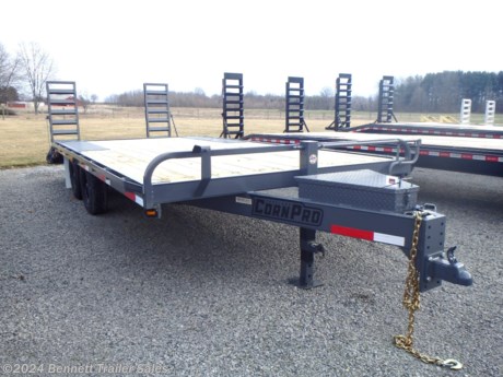 &lt;p&gt;&lt;span style=&quot;font-family: helvetica, arial, sans-serif;&quot;&gt;Standard Features for CornPro&#39;s C Series Flatbed Trailer:&lt;/span&gt;&lt;/p&gt;
&lt;ul&gt;
&lt;li&gt;&lt;span style=&quot;font-family: helvetica, arial, sans-serif;&quot;&gt;Torflex Axles&lt;/span&gt;&lt;/li&gt;
&lt;li&gt;&lt;span style=&quot;font-family: helvetica, arial, sans-serif;&quot;&gt;7&quot; Channel Main Frame&lt;/span&gt;&lt;/li&gt;
&lt;li&gt;&lt;span style=&quot;font-family: helvetica, arial, sans-serif;&quot;&gt;6&quot; Channel Side Frame&lt;/span&gt;&lt;/li&gt;
&lt;li&gt;&lt;span style=&quot;font-family: helvetica, arial, sans-serif;&quot;&gt;3&quot; Channel Cross Members, 24&quot; o/c&lt;/span&gt;&lt;/li&gt;
&lt;li&gt;&lt;span style=&quot;font-family: helvetica, arial, sans-serif;&quot;&gt;Treadplate over wheel wells for lower deck height&lt;/span&gt;&lt;/li&gt;
&lt;li&gt;&lt;span style=&quot;font-family: helvetica, arial, sans-serif;&quot;&gt;(2) 5&#39; Ladder Ramps&lt;/span&gt;&lt;/li&gt;
&lt;li&gt;&lt;span style=&quot;font-family: helvetica, arial, sans-serif;&quot;&gt;LED Lights&lt;/span&gt;&lt;/li&gt;
&lt;li&gt;&lt;span style=&quot;font-family: helvetica, arial, sans-serif;&quot;&gt;4&#39; Dovetail&lt;/span&gt;&lt;/li&gt;
&lt;li&gt;
&lt;div align=&quot;left&quot;&gt;&lt;span style=&quot;font-family: helvetica, arial, sans-serif;&quot;&gt;Adjustable Pintle Ring or 2-5/16 Coupler&lt;/span&gt;&lt;/div&gt;
&lt;/li&gt;
&lt;li&gt;&lt;span style=&quot;font-family: helvetica, arial, sans-serif;&quot;&gt;Vertical (Stand-up) Ramp Bars&lt;/span&gt;&lt;/li&gt;
&lt;/ul&gt;
&lt;p&gt;&lt;span style=&quot;font-family: helvetica, arial, sans-serif;&quot;&gt;This unit is equipped with the following options:&lt;/span&gt;&lt;/p&gt;
&lt;ul&gt;
&lt;li&gt;&lt;span style=&quot;font-family: helvetica, arial, sans-serif;&quot;&gt;Lockable Tongue Toolbox&lt;/span&gt;&lt;/li&gt;
&lt;/ul&gt;