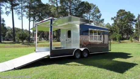 &lt;p&gt;&lt;strong&gt;&lt;span style=&quot;text-decoration: underline;&quot;&gt;NEW 8.5 X 22 ENCLOSED CONCESSION TRAILER w/ 8&#39; Porch&amp;nbsp;~ Deck&lt;/span&gt;&lt;/strong&gt;&lt;/p&gt;
&lt;p&gt;Up for your consideration is a Brand New 8.5x22 Tandem Axle, Enclosed Concession/Food Vending Cargo Trailer w/ Rear Cooking Area.&lt;/p&gt;
&lt;p&gt;&lt;strong&gt;NOW WITH&amp;nbsp;&lt;span style=&quot;text-decoration: underline;&quot;&gt;L.E.D. STRIP TAIL LIGHTING PACKAGE&lt;/span&gt;&amp;nbsp;&lt;/strong&gt;&lt;strong&gt;+&lt;/strong&gt;&lt;strong&gt;&amp;nbsp;ALL the other&amp;nbsp;&lt;span style=&quot;text-decoration: underline;&quot;&gt;TOP QUALITY FEATURES&lt;/span&gt;&amp;nbsp;listed in ad!&lt;/strong&gt;&lt;/p&gt;
&lt;p&gt;&lt;strong&gt;&lt;span style=&quot;text-decoration: underline;&quot;&gt;Standard Elite Features&lt;/span&gt;&lt;/strong&gt;&lt;strong&gt;:&lt;/strong&gt;&lt;/p&gt;
&lt;ul&gt;
&lt;li&gt;Heavy Duty&amp;nbsp;6&quot; I Beam Main Frame&amp;nbsp;&lt;/li&gt;
&lt;li&gt;2&quot;x 6&quot; Triple Tube Tongue&lt;/li&gt;
&lt;li&gt;Heavy Duty&amp;nbsp;1&quot; x 1&quot; Square&amp;nbsp;Tubular Wall Studs&amp;nbsp;&lt;em&gt;&amp;amp;&amp;nbsp;&lt;/em&gt;Roof Bows&lt;/li&gt;
&lt;li&gt;22&#39; Box Space + V-Nose (This unit has an 14&#39; Cabin+ V-nose and an 8&#39; Rear Porch)&lt;/li&gt;
&lt;li&gt;16&quot; On Center Walls, Floors, and Roof Bows&lt;/li&gt;
&lt;li&gt;Complete Braking System (Electric Brakes on&amp;nbsp;&lt;em&gt;both&lt;/em&gt;&amp;nbsp;axles, Battery Back-Up, &amp;amp; Safety Switch)&lt;/li&gt;
&lt;li&gt;(2) 5,200lb 4&quot; Drop Axles w/ EZ LUBE Grease Fittings&lt;/li&gt;
&lt;li&gt;32&quot; Side Door with&amp;nbsp;Bar Lock on Driver Side&lt;/li&gt;
&lt;li&gt;6&#39;6&quot; Interior Height&lt;/li&gt;
&lt;li&gt;Galvalume Seamed Roof with Thermo Ply Ceiling Liner&lt;/li&gt;
&lt;li&gt;2 5/16&quot; Coupler w/ Snapper Pin&lt;/li&gt;
&lt;li&gt;Heavy Duty Safety Chains&lt;/li&gt;
&lt;li&gt;7-Way Round RV Style Wiring Harness Plug&lt;/li&gt;
&lt;li&gt;3/8&quot; Heavy Duty Top Grade Plywood Walls&lt;/li&gt;
&lt;li&gt;3/4&quot; Heavy Duty Top Grade Plywood Floors&amp;nbsp;&lt;/li&gt;
&lt;li&gt;Smooth Teardrop Style Fender Flares&lt;/li&gt;
&lt;li&gt;2K A-Frame Top Wind Jack&lt;/li&gt;
&lt;li&gt;Top Quality Exterior Grade Paint&lt;/li&gt;
&lt;li&gt;(1) Non-Powered Interior Roof Vent&lt;/li&gt;
&lt;li&gt;(2) 12 Volt Interior Trailer Dome Light w/ Wall Switch&lt;/li&gt;
&lt;li&gt;24&quot;&amp;nbsp;Diamond Plate ATP Front Stone Guard and V-Nose Cap&amp;nbsp;&lt;/li&gt;
&lt;li&gt;15&quot; Radial (ST22575R15) Tires &amp;amp; Wheels&lt;/li&gt;
&lt;li&gt;L.E.D. Tail Lighting Package&lt;/li&gt;
&lt;/ul&gt;
&lt;p&gt;&lt;span style=&quot;text-decoration: underline;&quot;&gt;&lt;strong&gt;&lt;em&gt;Concession Package &amp;amp; Upgrades&lt;/em&gt;&lt;/strong&gt;&lt;/span&gt;&lt;/p&gt;
&lt;ul&gt;
&lt;li&gt;&lt;em&gt;2&lt;/em&gt;- Gull Wing Doors - One on each Side of Porch (approx each&amp;nbsp;7&#39; long) These Doors Close to Enclosed the Porch and Open like Concessions Doors to use as an awning.&lt;/li&gt;
&lt;li&gt;8&#39; Rear Porch&lt;/li&gt;
&lt;li&gt;Mill Finish&amp;nbsp; Metal Walls &amp;amp; Ceiling Throughout Trailer Interior&lt;/li&gt;
&lt;li&gt;Insulated Walls &amp;amp; Ceiling in 14&#39; Cabin&lt;/li&gt;
&lt;li&gt;ATP -Diamond Plate Floor on Porch, Ramp, and Ramp Flap&lt;/li&gt;
&lt;li&gt;RTP -Rubber Tread Plate on 14&#39; Interior Cabin&lt;/li&gt;
&lt;li&gt;3&#39; x 6&#39; Concession/Vending Window w/Glass &amp;amp; Screens&lt;/li&gt;
&lt;li&gt;8&#39;&amp;nbsp;Mill Finish Base Cabinet Under Concession Window&amp;nbsp;&lt;/li&gt;
&lt;li&gt;3&#39; x 3&#39; Front Access Door (Driver Side V-Nose)&lt;/li&gt;
&lt;li&gt;12&quot; Extra Interior Height (7&#39; 6&quot;&amp;nbsp;Total Interior Height)&lt;/li&gt;
&lt;li&gt;Upgraded 50 AMP Electrical Package ~ includes:&amp;nbsp;&lt;em&gt;100 AMP Panel Box ,&lt;/em&gt;w/50 AMP Life Line, 50&amp;nbsp;AMP Main Breaker,&lt;em&gt;4&lt;/em&gt;-110 Volt Interior Recepts,&amp;nbsp;&lt;em&gt;4&lt;/em&gt;-4&#39; Florescent Shop Lights 2 Inside Cabin &amp;amp; 2 on Rear Porch, 2 Exterior GFI Outlets.&lt;/li&gt;
&lt;li&gt;Pair Rear Stabilizer Jacks&lt;/li&gt;
&lt;li&gt;Sink Package ~ 3 Deep Square Stainless Steel Sinks W/Hardware, Cabinet, Handwash Station, 27 Gallon Fresh Water Tank, 35 Gallon Waste Water Tank, &amp;amp; 6 Gallon Hot Water Heater&amp;nbsp;&lt;/li&gt;
&lt;li&gt;Concession Package- 4&#39; Hood Range, Exhaust Fan,&amp;nbsp;Grease Trap on Roof (No Fire Supression System)&lt;/li&gt;
&lt;li&gt;Back Splash Behind Rangehood&lt;/li&gt;
&lt;li&gt;Relocated 36&quot; RV Side Door to Driver Side&lt;/li&gt;
&lt;li&gt;Extra 32&quot; x 75&quot; RV Door in Center of Rear Porch to Cabin Access&lt;/li&gt;
&lt;li&gt;2- Verticle Windows (One in each Rv Door)&lt;/li&gt;
&lt;li&gt;13,500 BTU A/C Unit w/ Heat Strip&lt;/li&gt;
&lt;li&gt;18&quot; x 18&quot; LP Gas Cage Curbside of V-Nose&lt;/li&gt;
&lt;/ul&gt;
&lt;p&gt;* * Manufacturers Title and Limited Warranty Included * *&lt;br /&gt;* * PRODUCT LIABILITY INSURANCE * *&lt;/p&gt;
&lt;p&gt;* * FINANCING IS AVAILABLE W/ APPROVED CREDIT * *&lt;/p&gt;
&lt;p&gt;&amp;nbsp;&lt;/p&gt;
&lt;p&gt;Trailer is offered @ factory direct pick up in Pearson, GA...We also offer Nationwide Delivery, please contact us for more information.&lt;br /&gt;CALL: 888-710-2112&lt;br /&gt;&amp;nbsp;&lt;/p&gt;