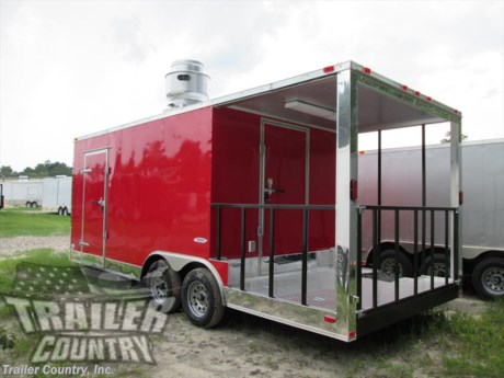 &lt;div&gt;NEW 8.5 X 20&#39; (14&#39; Enclosed + 6&#39; Porch) V-NOSED ENCLOSED CONCESSION TRAILER LOADED W/ OPTIONS!&lt;/div&gt;
&lt;div&gt;&amp;nbsp;&lt;/div&gt;
&lt;div&gt;Up for your consideration is a Brand New 2018 Heavy Duty Model&lt;/div&gt;
&lt;div&gt;&amp;nbsp;&lt;/div&gt;
&lt;div&gt;YOU&#39;VE SEEN THE REST...NOW BUY THE BEST!&lt;/div&gt;
&lt;div&gt;&amp;nbsp;&lt;/div&gt;
&lt;div&gt;ALL the TOP QUALITY FEATURES listed in this ad!&amp;nbsp;&lt;/div&gt;
&lt;div&gt;&amp;nbsp;&lt;/div&gt;
&lt;div&gt;Elite Series Standard Features:&lt;/div&gt;
&lt;div&gt;&amp;nbsp;&lt;/div&gt;
&lt;div&gt;- Heavy Duty 6&quot; I Beam Main Frame w/ 2&quot; X 6&quot; Square Tube Frame&lt;/div&gt;
&lt;div&gt;- 14&#39; Box Space + V-Nose (14&#39; Box + 6&#39; Porch = 20&#39; Overall)&lt;/div&gt;
&lt;div&gt;- 54&quot; TRIPLE TUBE TONGUE&lt;/div&gt;
&lt;div&gt;- 16&quot; On Center Walls&lt;/div&gt;
&lt;div&gt;- 16&quot; On Center Floors&lt;/div&gt;
&lt;div&gt;- 16&quot; On Center Roof Bows&lt;/div&gt;
&lt;div&gt;- (2) 3,500lb &quot; DEXTER&quot; SPRING Axles w/ All Wheel Electric Brakes &amp;amp; EZ LUBE Grease Fittings-Self Adusting Axles&lt;/div&gt;
&lt;div&gt;- HEAVY DUTY Rear Spring Assisted Ramp Door with (2) Barlocks for Security, &amp;amp; EZ Lube Hinge Pins&lt;/div&gt;
&lt;div&gt;- No-Show Beaver Tail (Dove Tail)&lt;/div&gt;
&lt;div&gt;- 4 - 5,000lb Flush Floor Mounted D-Rings&lt;/div&gt;
&lt;div&gt;- 36&quot; Side Door with Lock&lt;/div&gt;
&lt;div&gt;- ATP Diamond Plate Recessed Step-Up in Side door&lt;/div&gt;
&lt;div&gt;- 6&#39; 6&quot; Interior Height inside Box Space&lt;/div&gt;
&lt;div&gt;- Galvalume Seamed Roof w/ Thermo Ply Ceiling Liner&lt;/div&gt;
&lt;div&gt;- 2 5/16&quot; Coupler w/ Snapper Pin&lt;/div&gt;
&lt;div&gt;- Heavy Duty Safety Chains&lt;/div&gt;
&lt;div&gt;- 2K Top-Wind Jack&lt;/div&gt;
&lt;div&gt;- 7-Way Round RV Electrical Wiring Harness w/ Battery Back-Up &amp;amp; Safety Switch&lt;/div&gt;
&lt;div&gt;- 24&quot; ATP Front Stone Guard w/ ATP Nose Cap&lt;/div&gt;
&lt;div&gt;- Exterior L.E.D Lighting Package&lt;/div&gt;
&lt;div&gt;- 3/8&quot; Heavy Duty Top Grade Plywood Walls&lt;/div&gt;
&lt;div&gt;- 3/4&quot; Heavy Duty Top Grade Plywood Floors&lt;/div&gt;
&lt;div&gt;- Heavy Duty Smooth Fender Flares&lt;/div&gt;
&lt;div&gt;- Deluxe License Plate Holder with Light&lt;/div&gt;
&lt;div&gt;- Top Quality Exterior Grade Automotive Paint&lt;/div&gt;
&lt;div&gt;- (1) Non-Powered Roof Vent&lt;/div&gt;
&lt;div&gt;- (1) 12-Volt Interior Trailer Light w/ Wall Switch&lt;/div&gt;
&lt;div&gt;- 15&quot; Radial Tires&lt;/div&gt;
&lt;div&gt;- Modular Wheels&lt;/div&gt;
&lt;div&gt;&amp;nbsp;&lt;/div&gt;
&lt;div&gt;Concession Upgrades Include:&lt;/div&gt;
&lt;div&gt;&amp;nbsp;&lt;/div&gt;
&lt;div&gt;- 6&#39; Covered Rear Porch,&amp;nbsp; 36&quot; Rails with Removable Rear Rail, ATP Step Up onto Rear Porch on Passenger Side&lt;/div&gt;
&lt;div&gt;- 18&quot; Extended Tongue&lt;/div&gt;
&lt;div&gt;- 12&quot; Added Height (Total Interior Height Approx. 7&#39;6&quot;)&lt;/div&gt;
&lt;div&gt;- Move Standard 36&quot; Side Door to Driver Side of Trailer&amp;nbsp; 24&quot; From Front Corner&lt;/div&gt;
&lt;div&gt;- Add 36&quot; Walk through Door to Rear Porch&amp;nbsp;&lt;/div&gt;
&lt;div&gt;- .030 Colored Metal Exterior Walls (Shown In Red- You choose Final Color)&lt;/div&gt;
&lt;div&gt;- Electrical Package: 100 AMP Panel Box, (2)-110 Volt Interior Recepts, 25&#39; Life Line, (2)-4&#39; 12 Volt L.E.D. Strip Lights w/ Battery&lt;/div&gt;
&lt;div&gt;- (1) Exterior GFI Outlet on Rear Porch&lt;/div&gt;
&lt;div&gt;- (1) Extra 4&#39; Fluorescent Light (Total of 3 in trailer)&lt;/div&gt;
&lt;div&gt;- (4) Extra 110 Volt Interior Recepts (Total of 6 in trailer)&lt;/div&gt;
&lt;div&gt;- ATP Aluminum Tread Plate Flooring in Porch&lt;/div&gt;
&lt;div&gt;- Mill Finish Metal Ceiling on Porch&lt;/div&gt;
&lt;div&gt;- A/C Pre-Wire and Brace&lt;/div&gt;
&lt;div&gt;- Concession Package: Includes 6&#39; Range Hood, Airflow Blower, 2 Interior Range Lights, Grease Traps on Roof&lt;/div&gt;
&lt;div&gt;- Sink Package: 3-SS Sinks in a SS Table w/ Hand wash, Fresh Water Tank, Waste Water Tank, Hot Water Heater w. Hand wash Sink in Cabinet&lt;/div&gt;
&lt;div&gt;- 3&#39; x 5&#39; Concession Window w/Glass &amp;amp; Screen&lt;/div&gt;
&lt;div&gt;- 12&quot; x 5&#39; Serving Counter&lt;/div&gt;
&lt;div&gt;- Mill Finished Metal Walls &amp;amp; Ceiling on Trailer Interior&lt;/div&gt;
&lt;div&gt;- Insulated Walls &amp;amp; Ceiling on Trailer Interior&lt;/div&gt;
&lt;div&gt;- Black &amp;amp; White Checkered Vinyl Floor in Trailer Interior&lt;/div&gt;
&lt;p&gt;&amp;nbsp;&lt;/p&gt;
&lt;p&gt;* * N.A.T.M. Inspected and Certified * *&lt;br /&gt;* * Manufacturers Title and 5 Year Limited Warranty Included * *&lt;br /&gt;* * PRODUCT LIABILITY INSURANCE * *&lt;/p&gt;
&lt;p&gt;* * FINANCING IS AVAILABLE W/ APPROVED CREDIT * *&lt;/p&gt;
&lt;p&gt;&amp;nbsp;&lt;/p&gt;
&lt;p&gt;Trailer is offered @ factory direct pick up in Willacoochee, GA...We also offer Nationwide Delivery, please contact us for more information.&lt;br /&gt;CALL: 888-710-2112&lt;/p&gt;