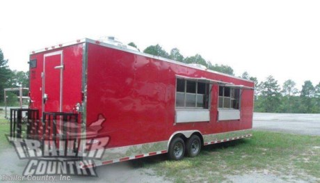 &lt;div&gt;NEW 8.5 X 28&#39; V-NOSED ENCLOSED CONCESSION FOOD VENDING TRAILER LOADED W/ EQUIPMENT &amp;amp; OPTIONS!&lt;/div&gt;
&lt;div&gt;&amp;nbsp;&lt;/div&gt;
&lt;div&gt;Up for your consideration is a Brand New Heavy Duty Model 8.5 x 28 Tandem Axle, V-Nosed Enclosed Concession Food Vending Trailer.&lt;/div&gt;
&lt;div&gt;&amp;nbsp;&lt;/div&gt;
&lt;div&gt;YOU&#39;VE SEEN THE REST...NOW BUY THE BEST!&lt;/div&gt;
&lt;div&gt;&amp;nbsp;&lt;/div&gt;
&lt;div&gt;ALL the TOP QUALITY FEATURES listed in this ad!&lt;/div&gt;
&lt;div&gt;&amp;nbsp;&lt;/div&gt;
&lt;div&gt;Elite Series Standard Features:&lt;/div&gt;
&lt;div&gt;&amp;nbsp;&lt;/div&gt;
&lt;div&gt;- Heavy Duty 8&quot; I Beam Main Frame w/ 2&quot;X6&quot; Square Tube Frame&lt;/div&gt;
&lt;div&gt;- 28&#39; Box Space + V-Nose&lt;/div&gt;
&lt;div&gt;- 54&quot; TRIPLE TUBE TONGUE&lt;/div&gt;
&lt;div&gt;- 16&quot; On Center Walls&lt;/div&gt;
&lt;div&gt;- 16&quot; On Center Floors&lt;/div&gt;
&lt;div&gt;- 16&quot; On Center Roof Bows&lt;/div&gt;
&lt;div&gt;- (2) 5,200 lb &quot; DEXTER&quot; SPRING Axles w/ All Wheel Electric Brakes &amp;amp; EZ LUBE Grease Fittings-Axles are Self Adjusting Axles&lt;/div&gt;
&lt;div&gt;- HEAVY DUTY Rear Spring Assisted Ramp Door with (2) Bar locks for Security, &amp;amp; EZ Lube Hinge Pins&lt;/div&gt;
&lt;div&gt;- No-Show Beaver Tail (Dove Tail)&lt;/div&gt;
&lt;div&gt;- 4 - 5,000 lb Flush Floor Mounted D-Rings&lt;/div&gt;
&lt;div&gt;- 36&quot; Side Door with Lock&lt;/div&gt;
&lt;div&gt;- ATP Diamond Plate Recessed Step-Up in Side door&lt;/div&gt;
&lt;div&gt;- 6&#39; 6&quot; Interior Height inside Box Space&lt;/div&gt;
&lt;div&gt;- Galvalume Seamed Roof w/ Thermo Ply Ceiling Liner&lt;/div&gt;
&lt;div&gt;- 2 5/16&quot; Coupler w/ Snapper Pin&lt;/div&gt;
&lt;div&gt;- Heavy Duty Safety Chains&lt;/div&gt;
&lt;div&gt;- 2K Top-Wind Jack&lt;/div&gt;
&lt;div&gt;- 7-Way Round RV Electrical Wiring Harness w/ Battery Back-Up &amp;amp; Safety Switch&lt;/div&gt;
&lt;div&gt;- 24&quot; ATP Front Stone Guard w/ ATP Nose Cap&lt;/div&gt;
&lt;div&gt;- Exterior L.E.D Lighting Package&lt;/div&gt;
&lt;div&gt;- 3/8&quot; Heavy Duty Top Grade Plywood Walls&lt;/div&gt;
&lt;div&gt;- 3/4&quot; Heavy Duty Top Grade Plywood Floors&lt;/div&gt;
&lt;div&gt;- Heavy Duty Smooth Fender Flares&lt;/div&gt;
&lt;div&gt;- Deluxe License Plate Holder with Light&lt;/div&gt;
&lt;div&gt;- Top Quality Exterior Grade Automotive Paint&lt;/div&gt;
&lt;div&gt;- (1) Non-Powered Roof Vent&lt;/div&gt;
&lt;div&gt;- (1) 12-Volt Interior Trailer Light w/ Wall Switch&lt;/div&gt;
&lt;div&gt;- 15&quot; 225-15&quot; Radial Tires&lt;/div&gt;
&lt;div&gt;- Silver Modular Wheels&lt;/div&gt;
&lt;div&gt;&amp;nbsp;&lt;/div&gt;
&lt;div&gt;Concession Package &amp;amp; Upgrades:&lt;/div&gt;
&lt;div&gt;&amp;nbsp;&lt;/div&gt;
&lt;div&gt;- Concession Package ~ 8&#39; Range Hood, Air Flow Blower, 2 Interior Range Lights, Grease Trap on Roof.&amp;nbsp;&lt;/div&gt;
&lt;div&gt;- Fire Suppression System Installed in Range Hood w/ Sprinkler System,&amp;nbsp; Pipes &amp;amp; Tank Fully Charged.&amp;nbsp;&amp;nbsp;&lt;/div&gt;
&lt;div&gt;- Stainless Steel Vending Equipment Includes:&amp;nbsp;&lt;/div&gt;
&lt;div&gt;- 24&quot; Starmax Griddle&lt;/div&gt;
&lt;div&gt;- 24&quot; 4 Burner Southbend Range with Oven&lt;/div&gt;
&lt;div&gt;- 1 ~ 3 Well Eagle Gas Steam Table&lt;/div&gt;
&lt;div&gt;- Pitco 2 Basket Fryer&lt;/div&gt;
&lt;div&gt;- 49&quot; Cu ft Stainless Steel Fridge (2 Door)&lt;/div&gt;
&lt;div&gt;- 23&quot; Cu ft Stainless Steel Freezer (1 Door)&lt;/div&gt;
&lt;div&gt;- 28&quot; 8 Pan Sandwich Prep Cooler&lt;/div&gt;
&lt;div&gt;- 2 ~&amp;nbsp; 3&#39; x 6&#39; Concession/Vending Window w/Glass &amp;amp; Screens (Curbside of Trailer)&lt;/div&gt;
&lt;div&gt;- 2 ~ Exterior Serving Counters 1 Under Each Concession Window&lt;/div&gt;
&lt;div&gt;- 2 ~ A/C Units, Pre-wire &amp;amp; Brace, (13,500 BTU Unit w/ Heat Strip)&lt;/div&gt;
&lt;div&gt;- Deluxe Sink Package ~ 3 Stainless Steel Sinks in Stainless Steel Table W/Hardware in Mill Finish, Hand Wash Station, Upgraded 27 Gallon Fresh Water Tank, Upgraded 50 Gallon Waste Water Tank, &amp;amp; 6 Gallon Hot Water Heater.&lt;/div&gt;
&lt;div&gt;- City Water Hook Up&lt;/div&gt;
&lt;div&gt;- Electrical Package ~ (100 Amp Panel Box w/25&#39; Life Line, 2 ~110 Volt Interior Recepts, 2 ~ 4&#39; 12 Volt L.E.D. Strip Lights w/ Battery&lt;/div&gt;
&lt;div&gt;- 8 ~ Extra 110 Volt Interior Electrical Recepts&lt;/div&gt;
&lt;div&gt;- 2 ~ Extra 4&#39; Fluorescent Lights&lt;/div&gt;
&lt;div&gt;- 2 ~ Propane Cages w/ Swing Door&lt;/div&gt;
&lt;div&gt;- Propane Package ~ 2 ~ 100 lb Propane Tanks,&amp;nbsp; Regulator, LP Lines, w/5 Stub Outs (Cages/Tanks located in rear of trailer - Please NOTE: (Tanks are Empty)&lt;/div&gt;
&lt;div&gt;- LP Lines and LP Regulator (ALL EQUIPMENT HAS INDIVIDUAL SHUT OFF VALVES)&lt;/div&gt;
&lt;div&gt;&amp;nbsp;&lt;/div&gt;
&lt;div&gt;Additional Upgrades:&lt;/div&gt;
&lt;div&gt;&amp;nbsp;&lt;/div&gt;
&lt;div&gt;- 9&quot; Additional Interior Height (Total approx 7&#39; 3&quot;)&lt;/div&gt;
&lt;div&gt;- RTP (Rubber Tread Plate) Flooring on Trailer Interior&amp;nbsp;&lt;/div&gt;
&lt;div&gt;- White Aluminum Finish Metal Walls and Ceiling Liner&amp;nbsp;&lt;/div&gt;
&lt;div&gt;- Insulated Walls &amp;amp; Ceiling&lt;/div&gt;
&lt;div&gt;- Upper Cabinets ~ Mounted 8&#39; Upper Cabinets Above Sink in V-Nose (All cabinets are in upgraded .030 Victory Red Metal)&lt;/div&gt;
&lt;div&gt;- Base Cabinets ~ 16&#39; Base Cabinets on Passenger Side Starting at Front Concession Window to Rear of Trailer (Top of Base Cabinet Doubles as Prep Station).&amp;nbsp;&lt;/div&gt;
&lt;div&gt;- .030 Colored Metal Exterior in Victory Red&lt;/div&gt;
&lt;div&gt;- Straight Deck&lt;/div&gt;
&lt;div&gt;- Upgraded 48&quot; Side Door moved to Driver Side 24&quot; from V-Nose.&amp;nbsp;&lt;/div&gt;
&lt;div&gt;- Additional Rear Door 32&quot; on Rear Wall Center (NO Rear Ramp Door- Solid wall w/ 32&quot; Walk through Door).&lt;/div&gt;
&lt;p&gt;&amp;nbsp;&lt;/p&gt;
&lt;p&gt;* * N.A.T.M. Inspected and Certified * *&lt;br /&gt;* * Manufacturers Title and 5 Year Limited Warranty Included * *&lt;br /&gt;* * PRODUCT LIABILITY INSURANCE * *&lt;/p&gt;
&lt;p&gt;* * FINANCING IS AVAILABLE W/ APPROVED CREDIT * *&lt;/p&gt;
&lt;p&gt;&amp;nbsp;&lt;/p&gt;
&lt;p&gt;Trailer is offered @ factory direct pick up in Willacoochee, GA...We also offer Nationwide Delivery, please contact us for more information.&lt;br /&gt;CALL: 888-710-2112&lt;/p&gt;