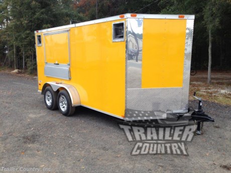 &lt;div&gt;NEW 7 X 14&#39; V-NOSED ENCLOSED MOBILE CONCESSION VENDING TRAILER!&lt;/div&gt;
&lt;div&gt;&amp;nbsp;&lt;/div&gt;
&lt;div&gt;Up for your consideration is a Brand New 2018 Model 7 x 14 Tandem Axle, Enclosed Concession/Vending Trailer Loaded w/ Options!&lt;/div&gt;
&lt;div&gt;&amp;nbsp;&lt;/div&gt;
&lt;div&gt;ALL the TOP QUALITY FEATURES listed in this ad!&lt;/div&gt;
&lt;div&gt;&amp;nbsp;&lt;/div&gt;
&lt;div&gt;Standard Elite Series Features:&lt;/div&gt;
&lt;div&gt;&amp;nbsp;&lt;/div&gt;
&lt;div&gt;- Heavy Duty Main Frame with 2 X 4 Square Tube&lt;/div&gt;
&lt;div&gt;- Heavy Duty 1&quot; x 1 1/2&quot; Square Tubular Wall Studs &amp;amp; Roof Bows&lt;/div&gt;
&lt;div&gt;- 14&#39; Box Space + V-Nose.&lt;/div&gt;
&lt;div&gt;- Rear Double Doors w/ Cam Locks and Hold Back Latches&lt;/div&gt;
&lt;div&gt;- 16&quot; On Center Walls&lt;/div&gt;
&lt;div&gt;- 16&quot; On Center Floors&lt;/div&gt;
&lt;div&gt;- 16&quot; On Center Roof Bows&lt;/div&gt;
&lt;div&gt;- Complete Braking System (Electric Brakes on both axles, Battery Back-Up, &amp;amp; Safety Switch)&lt;/div&gt;
&lt;div&gt;- (2) 3,500 lb 4&quot; &quot;Dexter&quot; Drop Axles w/ EZ LUBE Grease Fittings (Self Adjusting Brakes Axles)&lt;/div&gt;
&lt;div&gt;- 32&quot; Side Door with Bar Lock&amp;nbsp;&lt;/div&gt;
&lt;div&gt;- 6&#39; Interior Height&lt;/div&gt;
&lt;div&gt;- Galvalume Seamed Roof w/ Thermo Ply Ceiling Liner&lt;/div&gt;
&lt;div&gt;- 2 5/16&quot; Coupler w/ Snapper Pin&lt;/div&gt;
&lt;div&gt;- Heavy Duty Safety Chains&lt;/div&gt;
&lt;div&gt;- 7-Way Round RV Style Wiring Harness Plug&lt;/div&gt;
&lt;div&gt;- 3/8&quot; Heavy Duty Top Grade Plywood Walls&lt;/div&gt;
&lt;div&gt;- 3/4&quot; Heavy Duty Top Grade Plywood Floors&lt;/div&gt;
&lt;div&gt;- Smooth Tear Drop Style Fender Flares&lt;/div&gt;
&lt;div&gt;- 2 K A-Frame Top Wind Jack&lt;/div&gt;
&lt;div&gt;- Top Quality Exterior Grade Paint&lt;/div&gt;
&lt;div&gt;- (1) Non-Powered Interior Roof Vent&lt;/div&gt;
&lt;div&gt;- (1) 12 Volt Interior Trailer Dome Light w/ Wall Switch&lt;/div&gt;
&lt;div&gt;- 24&quot; Diamond Plate ATP Front Stone Guard across V-Nose&lt;/div&gt;
&lt;div&gt;- 15&quot; Radial (ST20575R15) Tires &amp;amp; Wheels&lt;/div&gt;
&lt;div&gt;- Exterior L.E.D. Lighting Package&lt;/div&gt;
&lt;div&gt;&amp;nbsp;&lt;/div&gt;
&lt;div&gt;Concession Options &amp;amp; Other Upgrades:&lt;/div&gt;
&lt;div&gt;&amp;nbsp;&lt;/div&gt;
&lt;div&gt;- 1 - 3&#39; x 5&#39; Concession/Vending Window w/Glass (Curbside Rear of Trailer).&lt;/div&gt;
&lt;div&gt;- 12&quot; X 5&quot; Serving Counter Installed Under Concession Window Exterior&lt;/div&gt;
&lt;div&gt;- Electrical Package ~ (30 Amp Panel Box (no Life Line on this Unit), 2-110 Volt Interior Receptacles, 2-4 Foot 12 Volt L.E.D. Strip Lights w/ Battery&lt;/div&gt;
&lt;div&gt;- 1 - Extra 110 Volt Interior Recept&lt;/div&gt;
&lt;div&gt;- 1 - Exterior GFI Outlet&lt;/div&gt;
&lt;div&gt;- Motor Base Plug&amp;nbsp;&lt;/div&gt;
&lt;div&gt;- Polished Chrome Corners&lt;/div&gt;
&lt;div&gt;- Base Cabinet&lt;/div&gt;
&lt;div&gt;- 2 - 12 Volt L.E.D. Race Lights Mounted on Passenger Side&lt;/div&gt;
&lt;div&gt;- Black &amp;amp; White Vinyl Checkered Flooring on Trailer Interior&amp;nbsp;&lt;/div&gt;
&lt;div&gt;- White Vinyl Walls &amp;amp; Ceiling Liner on Trailer Interior&lt;/div&gt;
&lt;div&gt;- Side Door moved to Driver Side of Trailer&lt;/div&gt;
&lt;div&gt;- Mag Wheels&lt;/div&gt;
&lt;div&gt;- Radial Tires&lt;/div&gt;
&lt;div&gt;- 1 - Pair of 2 Stabilizer Jacks&lt;/div&gt;
&lt;div&gt;- .030 Colored Metal Exterior in Penske Yellow&lt;/div&gt;
&lt;p&gt;&amp;nbsp;&lt;/p&gt;
&lt;p&gt;&lt;span style=&quot;line-height: 1.6em;&quot;&gt;* * N.A.T.M. Inspected and Certified * *&lt;/span&gt;&lt;/p&gt;
&lt;p&gt;&lt;span style=&quot;line-height: 1.6em;&quot;&gt;* * Manufacturers Title and 5 Year Limited Warranty Included * *&lt;/span&gt;&lt;/p&gt;
&lt;p&gt;* * PRODUCT LIABILITY INSURANCE * *&lt;/p&gt;
&lt;p&gt;&lt;br /&gt;* * FINANCING IS AVAILABLE W/ APPROVED CREDIT * *&lt;/p&gt;
&lt;p&gt;&lt;br /&gt;Trailer is offered @ factory direct pick up in Willacoochee, GA...We also offer Nationwide Delivery, please contact us for more information.&lt;br /&gt;CALL: 888-710-2112&lt;/p&gt;