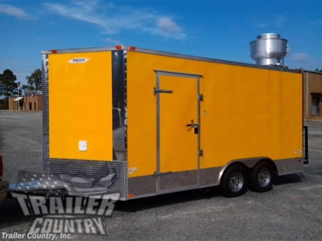 &lt;div&gt;NEW 8.5 X 16&#39; V-NOSED ENCLOSED MOBILE KITCHEN TRAILER LOADED W/ OPTIONS!&lt;/div&gt;
&lt;div&gt;&amp;nbsp;&lt;/div&gt;
&lt;div&gt;Up for your consideration is a Brand New Heavy Duty Model 8.5 x 16 Tandem Axle,&lt;/div&gt;
&lt;div&gt;&amp;nbsp;&lt;/div&gt;
&lt;div&gt;V-Nosed Enclosed Food Vending Concession BBQ Trailer.&lt;/div&gt;
&lt;div&gt;&amp;nbsp;&lt;/div&gt;
&lt;div&gt;YOU&#39;VE SEEN THE REST...NOW BUY THE BEST!&lt;/div&gt;
&lt;div&gt;&amp;nbsp;&lt;/div&gt;
&lt;div&gt;ALL the TOP QUALITY FEATURES listed in this ad!&lt;/div&gt;
&lt;div&gt;&amp;nbsp;&lt;/div&gt;
&lt;div&gt;Elite Series Standard Features:&lt;/div&gt;
&lt;div&gt;&amp;nbsp;&lt;/div&gt;
&lt;div&gt;- Heavy Duty 6&quot; I Beam Main Frame w/ 2&quot;X6&quot; Square Tube Frame&lt;/div&gt;
&lt;div&gt;- 14&#39; Box Space + V-Nose&lt;/div&gt;
&lt;div&gt;- 54&quot; TRIPLE TUBE TONGUE&lt;/div&gt;
&lt;div&gt;- 16&quot; On Center Walls&lt;/div&gt;
&lt;div&gt;- 16&quot; On Center Floors&lt;/div&gt;
&lt;div&gt;- 16&quot; On Center Roof Bows&lt;/div&gt;
&lt;div&gt;- (2) 3,500 lb &quot; DEXTER&quot; SPRING Axles w/ All Wheel Electric Brakes &amp;amp; EZ LUBE Grease Fittings-Self Adjusting Axles&lt;/div&gt;
&lt;div&gt;- HEAVY DUTY Rear Spring Assisted Ramp Door with (2) Barlocks for Security, &amp;amp; EZ Lube Hinge Pins&lt;/div&gt;
&lt;div&gt;- No-Show Beaver Tail (Dove Tail)&lt;/div&gt;
&lt;div&gt;- 4 - 5,000 lb Flush Floor Mounted D-Rings&lt;/div&gt;
&lt;div&gt;- 36&quot; Side Door with Lock&lt;/div&gt;
&lt;div&gt;- ATP Diamond Plate Recessed Step-Up in Side door&lt;/div&gt;
&lt;div&gt;- 6&#39;6&quot; Interior Height inside Box Space&lt;/div&gt;
&lt;div&gt;- Galvalume Seamed Roof w/ Thermo Ply Ceiling Liner&lt;/div&gt;
&lt;div&gt;- 2 5/16&quot; Coupler w/ Snapper Pin&lt;/div&gt;
&lt;div&gt;- Heavy Duty Safety Chains&lt;/div&gt;
&lt;div&gt;- 2,000 lb Top-Wind Jack&lt;/div&gt;
&lt;div&gt;- 7-Way Round RV Electrical Wiring Harness w/ Battery Back-Up &amp;amp; Safety Switch&lt;/div&gt;
&lt;div&gt;- 24&quot; ATP Front Stone Guard w/ ATP Nose Cap&lt;/div&gt;
&lt;div&gt;- Exterior L.E.D Lighting Package&lt;/div&gt;
&lt;div&gt;- 3/8&quot; Heavy Duty Top Grade Plywood Walls&lt;/div&gt;
&lt;div&gt;- 3/4&quot; Heavy Duty Top Grade Plywood Floors&lt;/div&gt;
&lt;div&gt;- Heavy Duty Smooth Fender Flares&lt;/div&gt;
&lt;div&gt;- Deluxe License Plate Holder with Light&lt;/div&gt;
&lt;div&gt;- Top Quality Exterior Grade Automotive Paint&lt;/div&gt;
&lt;div&gt;- (1) Non-Powered Roof Vent&lt;/div&gt;
&lt;div&gt;- (1) 12-Volt Interior Trailer Light w/ Wall Switch&lt;/div&gt;
&lt;div&gt;- 15&quot; Radial Tires&lt;/div&gt;
&lt;div&gt;- White Modular Wheels&lt;/div&gt;
&lt;div&gt;&amp;nbsp;&lt;/div&gt;
&lt;div&gt;Concession Package &amp;amp; Other Upgrades:&lt;/div&gt;
&lt;div&gt;&amp;nbsp;&lt;/div&gt;
&lt;div&gt;- Concession Package- 8&#39; Hood Range, Air Flow Blower, 2 Interior Range Lights, Grease Trap on Roof (No Fire Suppression System)&amp;nbsp;&lt;/div&gt;
&lt;div&gt;- Stainless Steel Vending Package (#1) Includes:&lt;/div&gt;
&lt;div&gt;~ 1 - 24&quot; Griddle&lt;/div&gt;
&lt;div&gt;~ 1 - 6&amp;nbsp; Burner Range w/ Standard Oven&lt;/div&gt;
&lt;div&gt;~ 2 - 40 lb Deep Fryers (Double Baskets on each Fryer)&lt;/div&gt;
&lt;div&gt;~ 1 - Food Warmer APW WYOTT W -43V&lt;/div&gt;
&lt;div&gt;~ 1 23 Cu Ft SS Fridge&lt;/div&gt;
&lt;div&gt;~ 1 - 100 lb Propane Tank (Tank is Empty), LP Lines, LP Regulator w/ 4 Stub Outs (ALL EQUIPMENT HAS INDIVIDUAL SHUT OFF VALVES)&lt;/div&gt;
&lt;div&gt;- 100 lb Cage w/ Swing Door&lt;/div&gt;
&lt;div&gt;- 12&quot; X 12&quot; Rear Cable Access Door For Propane Cage&lt;/div&gt;
&lt;div&gt;- 48&quot; Single Access Door w/Window&lt;/div&gt;
&lt;div&gt;- 1 - 3&#39; x 6&#39; Concession/Vending Window w/3 - Sliding Glass Inserts (Curbside of Trailer)&lt;/div&gt;
&lt;div&gt;- 1 - 12&#39; x 6&quot; Drop Leaf Serving Counter Under Concession Window Exterior of Trailer&amp;nbsp;&lt;/div&gt;
&lt;div&gt;- 1 - 12&#39; x 6&quot; Drop Leaf Interior Prep Serving Counter Under Concession Window&lt;/div&gt;
&lt;div&gt;- SS Sink Package ~ 3 Stainless Steel Sinks w/Hardware, Cabinet in .030 Penske Yellow Metal and Mill Finish Top, Hand wash, 20 Gallon Fresh Water Tank, 30 Gallon Waste Water Tank, &amp;amp; 6 Gallon Hot Water Heater- Located in Trailer V-Nose w/ Wrap Around to Curbside.&lt;/div&gt;
&lt;div&gt;- Electrical Package: 100 AMP Panel Box, (2)-110 Volt Interior Recepts, Life Line, (2)-4&#39; 12 Volt L.E.D. Strip Lights w/ Battery (Panel Box is located Sink Base Cabinet).&lt;/div&gt;
&lt;div&gt;- (2) Extra 110 Volt Interior Recepts (Total of 4 in trailer)&lt;/div&gt;
&lt;div&gt;- RCP Flooring on Trailer Interior (Rubber Coin Flooring)&lt;/div&gt;
&lt;div&gt;- Mill Finish Metal Walls and Ceiling Liner on Trailer Interior&lt;/div&gt;
&lt;div&gt;- Insulated Walls &amp;amp; Ceiling&lt;/div&gt;
&lt;div&gt;- A/C Pre-wire &amp;amp; Brace - Located at Roof Vent, Center of Trailer&lt;/div&gt;
&lt;div&gt;- Move Standard 36&quot; Side Door to Driver Side of Trailer&amp;nbsp;&lt;/div&gt;
&lt;div&gt;- Solid Rear Wall w/ 1- Additional 48&quot; Door on Rear of Trailer&lt;/div&gt;
&lt;div&gt;- 12&quot; Extra Interior Height (7&#39; 6&quot; Total Interior Height)&lt;/div&gt;
&lt;div&gt;- Upgraded .030 Colored Metal Exterior in Penske Yellow&lt;/div&gt;
&lt;div&gt;- Extended Tongue on Trailer for Generator (Generator Not Included)&lt;/div&gt;
&lt;div&gt;- ATP Generator Platform (Aluminum Treat Plate)&lt;/div&gt;
&lt;div&gt;- Radial Tires&lt;/div&gt;
&lt;div&gt;- Silver Modular Wheels&lt;/div&gt;
&lt;div&gt;- Straight Deck - No Beaver Tail&lt;/div&gt;
&lt;div&gt;- Rear Double L.E.D.&amp;nbsp; Clear Strip Tail Lights&lt;/div&gt;
&lt;p&gt;&amp;nbsp;&lt;/p&gt;
&lt;p&gt;* * N.A.T.M. Inspected and Certified * *&lt;br /&gt;* * Manufacturers Title and 5 Year Limited Warranty Included * *&lt;br /&gt;* * PRODUCT LIABILITY INSURANCE * *&lt;br /&gt;* * FINANCING IS AVAILABLE W/ APPROVED CREDIT * *&lt;/p&gt;
&lt;p&gt;&lt;br /&gt;Trailer is offered @ factory direct pick up in Willacoochee, GA...We also offer Nationwide Delivery, please contact us for more information.&lt;br /&gt;CALL: 888-710-2112&lt;/p&gt;