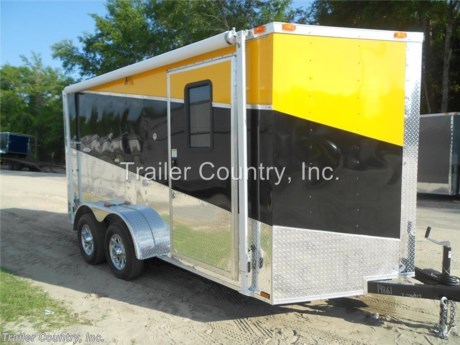 &lt;div&gt;NEW 7 x 14 V- NOSED ENCLOSED TRAILER LOADED W/ OPTIONS!&lt;/div&gt;
&lt;div&gt;&amp;nbsp;&lt;/div&gt;
&lt;div&gt;Up for your consideration is a Brand New Heavy Duty Model 7 x 14 Tandem Axle, V-Nosed Enclosed Motorcycle, Landscape, ATV 4-Wheeler, Cargo Trailer Black,&amp;nbsp;&lt;/div&gt;
&lt;div&gt;Yellow &amp;amp;ATP Slanted Color Package&lt;/div&gt;
&lt;div&gt;&amp;nbsp;&lt;/div&gt;
&lt;div&gt;YOU&#39;VE SEEN THE REST...NOW BUY THE BEST!&lt;/div&gt;
&lt;div&gt;&amp;nbsp;&lt;/div&gt;
&lt;div&gt;ALL the TOP QUALITY FEATURES listed in this ad!&lt;/div&gt;
&lt;div&gt;&amp;nbsp;&lt;/div&gt;
&lt;div&gt;Heavy Duty Elite Series:&lt;/div&gt;
&lt;div&gt;&amp;nbsp;&lt;/div&gt;
&lt;div&gt;- Heavy duty 2&quot; x 4&quot; Square Tube Main Frame&lt;/div&gt;
&lt;div&gt;- Heavy duty 1&quot; x 1 1/2&quot; Square Tubular Wall Studs &amp;amp; Roof Bows&lt;/div&gt;
&lt;div&gt;- Rear Spring Assisted Ramp Door with (2) Barlocks for Security, EZ Lube Hinge Pins, &amp;amp; 16&quot; Transitional Ramp Flap&lt;/div&gt;
&lt;div&gt;- 14&#39; Box Space + V-Nose (TOTAL 16&#39;+ From tip to rear Interior Space)&lt;/div&gt;
&lt;div&gt;- 16&quot; On Center Walls&lt;/div&gt;
&lt;div&gt;- 16&quot; On Center Floors&lt;/div&gt;
&lt;div&gt;- 16&quot; On Center Roof Bows&lt;/div&gt;
&lt;div&gt;- Complete Braking System (Electric Brakes on both axles, battery back-up, &amp;amp; safety switch)&lt;/div&gt;
&lt;div&gt;- (2) 3,500lb 4&quot; &quot;Dexter&quot; Drop Axles w/ EZ LUBE Grease Fittings (Self Adjusting Brakes Axles)&lt;/div&gt;
&lt;div&gt;- 32&quot; Side Door with Lock&lt;/div&gt;
&lt;div&gt;- 6&#39; Interior Height&lt;/div&gt;
&lt;div&gt;- Galvalume Seamed Roof w/ Thermo Ply Ceiling Liner&lt;/div&gt;
&lt;div&gt;- 2 5/16&quot; Coupler w/ Snapper Pin&lt;/div&gt;
&lt;div&gt;- Heavy Duty Safety Chains&lt;/div&gt;
&lt;div&gt;- 7-Way RV Style Wiring Harness Plug&lt;/div&gt;
&lt;div&gt;- Exterior L.E.D. Lighting Package&lt;/div&gt;
&lt;div&gt;- 3/8&quot; Heavy Duty Top Grade Plywood Walls&lt;/div&gt;
&lt;div&gt;- 3/4&quot; Heavy Duty Top Grade Plywood Floors&lt;/div&gt;
&lt;div&gt;- Teardrop Fenders with Wide Side Marker Clearance Lights&lt;/div&gt;
&lt;div&gt;- 2K A-Frame Top Wind Jack&lt;/div&gt;
&lt;div&gt;- Top Quality Exterior Grade Paint&lt;/div&gt;
&lt;div&gt;- (1) Non-Powered Interior Roof Vent&lt;/div&gt;
&lt;div&gt;- (1) 12 Volt Interior Trailer Light w/ Wall Switch&lt;/div&gt;
&lt;div&gt;- 24&quot; Diamond Plate ATP Front Stone Guard with Matching V-Nose Cap&lt;/div&gt;
&lt;div&gt;- 15&quot; Radial (ST20575R15) Tires &amp;amp; Wheels&lt;/div&gt;
&lt;div&gt;&amp;nbsp;&lt;/div&gt;
&lt;div&gt;Upgrades on This Unit:&amp;nbsp;&lt;/div&gt;
&lt;div&gt;&amp;nbsp;&lt;/div&gt;
&lt;div&gt;- Upgraded Black Slanted Metal Exterior&lt;/div&gt;
&lt;div&gt;- Upgraded Yellow Slanted Metal Exterior&lt;/div&gt;
&lt;div&gt;- Slanted ATP Trim on Sides and Rear&lt;/div&gt;
&lt;div&gt;- Limited Edition Series 8 Silver Aluminum Mag Wheels&lt;/div&gt;
&lt;div&gt;- Radial Tires&lt;/div&gt;
&lt;div&gt;- 6&quot; EXTRA Height (Total 6&#39; 6&quot; Interior Height)&lt;/div&gt;
&lt;div&gt;- Aluminum Flow Thru Vents (1 Pair)&lt;/div&gt;
&lt;div&gt;- White Vinyl Ceilings and Walls&lt;/div&gt;
&lt;div&gt;- ATP (Aluminum Tread Plate) Flooring&lt;/div&gt;
&lt;div&gt;- Atp Ramp and Ramp Flap&lt;/div&gt;
&lt;div&gt;- (1) Extra Dome Light&lt;/div&gt;
&lt;div&gt;- Upgraded 36&quot; RV Style Door w/ Piano Hindge, Window and Screen Door&lt;/div&gt;
&lt;div&gt;- Black Base and Overhead Cabinets&lt;/div&gt;
&lt;div&gt;- 12&#39; Black and White Checkered Awning&lt;/div&gt;
&lt;div&gt;- Heavy Duty ATP Fenders&lt;/div&gt;
&lt;p&gt;&amp;nbsp;&lt;/p&gt;
&lt;p&gt;* * N.A.T.M. Inspected and Certified * *&lt;br /&gt;* * Manufacturers Title and 5 Year Limited Warranty Included * *&lt;br /&gt;* * PRODUCT LIABILITY INSURANCE * *&lt;br /&gt;* * FINANCING IS AVAILABLE W/ APPROVED CREDIT * *&lt;/p&gt;
&lt;p&gt;ASK US ABOUT OUR RENT TO OWN PROGRAM - NO CREDIT CHECK - LOW DOWN PAYMENT&lt;/p&gt;
&lt;p&gt;&lt;br /&gt;Trailer is offered @ factory direct pick up in Willacoochee, GA...We also offer Nationwide Delivery, please contact us for more information.&lt;br /&gt;CALL: 888-710-2112&lt;/p&gt;