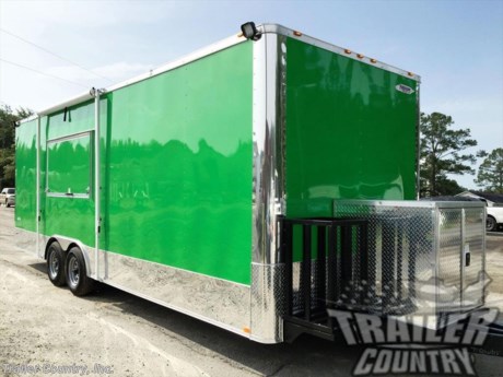 &lt;div&gt;NEW 8.5 X 24&#39;ENCLOSED MOBILE KITCHEN CONCESSION - FOOD VENDING - EVENT CATERING TRAILER!&lt;/div&gt;
&lt;div&gt;&amp;nbsp;&lt;/div&gt;
&lt;div&gt;Up for your consideration is a Brand New Heavy Duty Elite Series Model 8.5 x 24 Tandem Axle, Enclosed Trailer w/ Vending Packages, Bathroom, &amp;amp; Equipment.&lt;/div&gt;
&lt;div&gt;&amp;nbsp;&lt;/div&gt;
&lt;div&gt;YOU&#39;VE SEEN THE REST...NOW BUY THE BEST!&lt;/div&gt;
&lt;div&gt;&amp;nbsp;&lt;/div&gt;
&lt;div&gt;Elite Series Standard Features:&lt;/div&gt;
&lt;div&gt;&amp;nbsp;&lt;/div&gt;
&lt;div&gt;- Heavy Duty 6&quot; I Beam Main Frame w/ 2&quot;X6&quot; Square Tube&lt;/div&gt;
&lt;div&gt;- 24&#39; Box Space&lt;/div&gt;
&lt;div&gt;- 1&quot; X 1 1/2&quot; Square Tube Wall &amp;amp; Roof Cross members&lt;/div&gt;
&lt;div&gt;- 16&quot; On Center Walls&lt;/div&gt;
&lt;div&gt;- 16&quot; On Center Floors&lt;/div&gt;
&lt;div&gt;- 16&quot; On Center Roof Bows&lt;/div&gt;
&lt;div&gt;- (2) 5,200 lb &quot; DEXTER&quot; SPRING Axles w/ All Wheel Electric Brakes &amp;amp; EZ LUBE Grease Fittings&lt;/div&gt;
&lt;div&gt;- 36&quot; Piano Hinge Side Door with Flush Mounted RV Style Lock (Installed in V-Nose Passenger Side)&lt;/div&gt;
&lt;div&gt;- ATP Diamond Plate Recessed Step-Up in Side door&lt;/div&gt;
&lt;div&gt;- 6&#39; 6&quot; Interior Height inside Box Space&lt;/div&gt;
&lt;div&gt;- Galvalume Seamed Roof w/ Thermo Ply Ceiling Liner&lt;/div&gt;
&lt;div&gt;- 2 5/16&quot; Coupler w/ Snapper Pin&lt;/div&gt;
&lt;div&gt;- Heavy Duty Safety Chains&lt;/div&gt;
&lt;div&gt;- 2 K Top-Wind Jack&lt;/div&gt;
&lt;div&gt;- 7-Way Round RV Electrical Wiring Harness w/ Battery Back-Up &amp;amp; Safety Switch&lt;/div&gt;
&lt;div&gt;- 24&quot; ATP Front Stone Guard w/ ATP Nose Cap&lt;/div&gt;
&lt;div&gt;- Exterior L.E.D Lighting Package&lt;/div&gt;
&lt;div&gt;- 3/8&quot; Heavy Duty Top Grade Plywood Walls&lt;/div&gt;
&lt;div&gt;- 3/4&quot; Heavy Duty Top Grade Plywood Floors&lt;/div&gt;
&lt;div&gt;- Heavy Duty Smooth Fender Flares&lt;/div&gt;
&lt;div&gt;- Deluxe License Plate Holder&lt;/div&gt;
&lt;div&gt;- Top Quality Exterior Grade Automotive Paint&lt;/div&gt;
&lt;div&gt;- (1) 12-Volt Interior Trailer Light w/ Wall Switch&lt;/div&gt;
&lt;div&gt;- 15&quot; 225-75R15 Radial Tires&lt;/div&gt;
&lt;div&gt;- Smooth Polished Front &amp;amp; Rear Corner Caps&lt;/div&gt;
&lt;div&gt;- Modular Wheels&lt;/div&gt;
&lt;div&gt;&amp;nbsp;&lt;/div&gt;
&lt;div&gt;Concession Packages &amp;amp; Upgrades:&lt;/div&gt;
&lt;div&gt;&amp;nbsp;&lt;/div&gt;
&lt;div&gt;- Concession Package - 8&#39; Hood Range, Air Flow Blower, 2 Interior Range Lights, Grease Trap on Roof, (No Fire Suppression System)&lt;/div&gt;
&lt;div&gt;- Stainless Steel Vending Equipment Includes:&lt;/div&gt;
&lt;div&gt;- 1 ~ 60&quot; Restaurant Gas Range w/ 6 Burners, 2 Ovens, &amp;amp; 24&quot; Griddle&lt;/div&gt;
&lt;div&gt;?- 1 ~ 60&quot; 16 Pan Sandwich Prep Station&lt;/div&gt;
&lt;div&gt;- 1 ~ 20 Cu. Ft. Reach In Freezer&lt;/div&gt;
&lt;div&gt;- 1 ~ 49 Cu. Ft. 2 Door Stainless Fridge&lt;/div&gt;
&lt;div&gt;- 1 ~ 3&#39; x 6&#39; Concession/Vending Window w/Sliding Glass Inserts &amp;amp; Screen&lt;/div&gt;
&lt;div&gt;- 1 ~ 6&#39; Base Cabinet Mounted Under Concession Window (2 Doors &amp;amp; 4 Centered Drawers - in Mill Finish&lt;/div&gt;
&lt;div&gt;- 1 ~&amp;nbsp; 10&#39; Over Head Cabinets- Mounted just Past 36&quot; Side Door on Driver side of Trailer&lt;/div&gt;
&lt;div&gt;- A/C Unit, Pre-wire &amp;amp; Brace, (13,500 BTU Unit w/ Heat Strip)&lt;/div&gt;
&lt;div&gt;- Sink Package ~ 3 Stainless Steel Sinks in Stainless Steel Table W/Hardware in Mill Finish, Hand Wash Station, 28 Gallon Fresh Water Tank, 30 Gallon Waste Water Tank, &amp;amp; 6 Gallon Hot Water Heater?&amp;nbsp;&lt;/div&gt;
&lt;div&gt;- Upgraded: Large Deep Sink w/ Spray Nozzle Faucet&lt;/div&gt;
&lt;div&gt;- Upgrade: Added Foot Pedals to Hand Sinks only (Total of 2)&lt;/div&gt;
&lt;div&gt;- Mill Finish Sink Cover&lt;/div&gt;
&lt;div&gt;- On Demand HOT Water Heater&lt;/div&gt;
&lt;div&gt;- Electrical Package ~ ( 100 Amp Panel Box w/50&#39; Life Line, 2-110 Volt Interior Recepts, 2~4&#39; 12 Volt L.E.D. Strip Lights w/ Battery)&lt;/div&gt;
&lt;div&gt;- 4 ~ Additional 110 Volt Interior Recepts through out unit. (Total of 6)&lt;/div&gt;
&lt;div&gt;- ATP (Aluminum Tread Plate) - Flooring in Unit&lt;/div&gt;
&lt;div&gt;- Mill Finish Ceiling and Metal Walls w/Ceiling Liner&amp;nbsp;&lt;/div&gt;
&lt;div&gt;- Insulated Walls &amp;amp; Ceiling&lt;/div&gt;
&lt;div&gt;- Propane Package - 100 lb Propane Tanks,&amp;nbsp; Regulators, LP Lines and 3 Stub Outs&lt;/div&gt;
&lt;div&gt;- 2 ~ 100 lb Propane Cage w/ Swing Door&lt;/div&gt;
&lt;div&gt;&amp;nbsp;&lt;/div&gt;
&lt;div&gt;Additional Upgrades:&lt;/div&gt;
&lt;div&gt;&amp;nbsp;&lt;/div&gt;
&lt;div&gt;- Bathroom Package ~ Toilet, Fresh and Waste Water Tanks, Water Pump, Heater, Hand Wash Sink in Cabinet, Partition Wall and Door&lt;/div&gt;
&lt;div&gt;- Solid Rear Wall (ilo Ramp)&lt;/div&gt;
&lt;div&gt;- Added 48&quot; RV Style Door w/ Window and Screen to Rear of Trailer&lt;/div&gt;
&lt;div&gt;- RV Style Locks added to Both Side and Rear Doors&lt;/div&gt;
&lt;div&gt;- 2 LED Quartz Lights Installed by Concession Window&lt;/div&gt;
&lt;div&gt;- .030 Upgraded Metal Exterior (Shown in Brite Metallic Green Metal)&lt;/div&gt;
&lt;div&gt;- Screw-less Metal Exterior&lt;/div&gt;
&lt;div&gt;- No Beaver Tail - Straight Deck&lt;/div&gt;
&lt;div&gt;&amp;nbsp;Extended Tongue&lt;/div&gt;
&lt;div&gt;- ATP Diamond Plate Generator Box (Mounted on Ext Tongue)&lt;/div&gt;
&lt;div&gt;- 8&#39; Curbside Awning ~ Color: Forest Green to Light Green Fade&lt;/div&gt;
&lt;div&gt;- 12&quot; Extra Interior Height ( Approx. 7&#39;9&quot; Total Interior Height)&amp;nbsp;&lt;/div&gt;
&lt;div&gt;&amp;nbsp;&lt;/div&gt;
&lt;p&gt;&amp;nbsp;&lt;/p&gt;
&lt;p&gt;* * N.A.T.M. Inspected and Certified * *&lt;br /&gt;* * Manufacturers Title and 5 Year Limited Warranty Included * *&lt;br /&gt;* * PRODUCT LIABILITY INSURANCE * *&lt;br /&gt;* * FINANCING IS AVAILABLE W/ APPROVED CREDIT * *&lt;/p&gt;
&lt;p&gt;&lt;br /&gt;Trailer is offered @ factory direct pick up in Willacoochee, GA...We also offer Nationwide Delivery, please contact us for more information.&lt;br /&gt;CALL: 888-710-2112&lt;/p&gt;