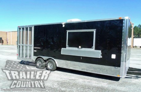 &lt;div&gt;NEW 8.5 X 24&#39; ENCLOSED MOBILE KITCHEN CONCESSION - FOOD VENDING - EVENT CATERING TRAILER w/ SCREENED IN REAR PORCH!&lt;/div&gt;
&lt;div&gt;&amp;nbsp;&lt;/div&gt;
&lt;div&gt;Up for your consideration is a Brand New Heavy Duty Elite Series Model 8.5 x 24 Tandem Axle, Enclosed Trailer w/ Vending Packages, Equipment, &amp;amp; Upgrades.&lt;/div&gt;
&lt;div&gt;&amp;nbsp;&lt;/div&gt;
&lt;div&gt;YOU&#39;VE SEEN THE REST...NOW BUY THE BEST!&lt;/div&gt;
&lt;div&gt;&amp;nbsp;&lt;/div&gt;
&lt;div&gt;Elite Series Standard Features:&lt;/div&gt;
&lt;div&gt;&amp;nbsp;&lt;/div&gt;
&lt;div&gt;- Heavy Duty 6&quot; I Beam Main Frame w/ 2&quot;X6&quot; Square Tube&lt;/div&gt;
&lt;div&gt;- 18&#39; Box Space + 6&#39; Screened in Rear Porch (24&#39; + Total Length Tip to Rear).&lt;/div&gt;
&lt;div&gt;- 1&quot; X 1 1/2&quot; Square Tube Wall &amp;amp; Roof Cross members&lt;/div&gt;
&lt;div&gt;- 16&quot; On Center Walls&lt;/div&gt;
&lt;div&gt;- 16&quot; On Center Floors&lt;/div&gt;
&lt;div&gt;- 16&quot; On Center Roof Bows&lt;/div&gt;
&lt;div&gt;- (2) 3,500 lb &quot; DEXTER&quot; SPRING Axles w/ All Wheel Electric Brakes &amp;amp; EZ LUBE Grease Fittings (Electric Brakes on both Axles, Battery Back-Up, &amp;amp; Safety Switch).&lt;/div&gt;
&lt;div&gt;- 36&quot; Side Door with Flush Mounted RV Style Lock (Relocated to Driver Side on this unit)&lt;/div&gt;
&lt;div&gt;- ATP Diamond Plate Recessed Step-Up in Side door&lt;/div&gt;
&lt;div&gt;- 6&#39;6&quot; Interior Height inside Box Space&lt;/div&gt;
&lt;div&gt;- Galvalume Seamed Roof w/ Thermo Ply Ceiling Liner&lt;/div&gt;
&lt;div&gt;- 2 5/16&quot; Coupler w/ Snapper Pin&lt;/div&gt;
&lt;div&gt;- Heavy Duty Safety Chains&lt;/div&gt;
&lt;div&gt;- 2K Top-Wind Jack&lt;/div&gt;
&lt;div&gt;- 7-Way Round RV Electrical Wiring Harness w/ Battery Back-Up &amp;amp; Safety Switch&lt;/div&gt;
&lt;div&gt;- 24&quot; ATP Front Stone Guard w/ ATP Nose Cap&lt;/div&gt;
&lt;div&gt;- Exterior L.E.D Lighting Package&lt;/div&gt;
&lt;div&gt;- 3/8&quot; Heavy Duty Top Grade Plywood Walls&lt;/div&gt;
&lt;div&gt;- 3/4&quot; Heavy Duty Top Grade Plywood Floors&lt;/div&gt;
&lt;div&gt;- Heavy Duty Smooth Fender Flares&lt;/div&gt;
&lt;div&gt;- Deluxe License Plate Holder&lt;/div&gt;
&lt;div&gt;- Top Quality Exterior Grade Paint&lt;/div&gt;
&lt;div&gt;- (1) 12-Volt Interior Trailer Light w/ Wall Switch&lt;/div&gt;
&lt;div&gt;- 15&quot; Radial Tires&lt;/div&gt;
&lt;div&gt;- Smooth Polished Front &amp;amp; Rear Corner Caps&lt;/div&gt;
&lt;div&gt;- Modular Wheels&lt;/div&gt;
&lt;div&gt;&amp;nbsp;&lt;/div&gt;
&lt;div&gt;Concession Packages &amp;amp; Upgrades:&lt;/div&gt;
&lt;div&gt;&amp;nbsp;&lt;/div&gt;
&lt;div&gt;- RTP (Rubber Tread Plate) Flooring in Interior 18&#39; Box Space&lt;/div&gt;
&lt;div&gt;- Mill Finish Metal Ceiling and Walls in 18&#39; Enclosed Box Space&lt;/div&gt;
&lt;div&gt;- Insulated Walls &amp;amp; Ceiling in 18&#39; Enclosed Box Space&lt;/div&gt;
&lt;div&gt;- Solid Rear Wall at End of 18&#39; Enclosed Box Space (ilo of Rear Ramp)&lt;/div&gt;
&lt;div&gt;- 32&quot; Rear Walk-thru door from Box to Porch&amp;nbsp;&lt;/div&gt;
&lt;div&gt;- Rear Porch- 6&#39; Open Porch Option on Rear of Trailer, 36&quot; Black Tube Side Rails, Removable Rear Railing, Pressure Treated Floor, 1-ATP Diamond Plate Step-Up&lt;/div&gt;
&lt;div&gt;- Mill Finish Ceiling Liner on 6&#39; Porch&lt;/div&gt;
&lt;div&gt;- ATP (Aluminum Tread Plate) Flooring on Exterior 6&#39; Porch&lt;/div&gt;
&lt;div&gt;- Upgraded Frame- Upgraded 8&quot; On Center Rear Cross Members on 6&#39; Porch Area&lt;/div&gt;
&lt;div&gt;- Upgrade: Screened Enclosure on 6&#39; Rear Porch, Fully Screened Remainder Section- Leaving Rear Section Removable.&lt;/div&gt;
&lt;div&gt;- Sink Package ~ 3 Stainless Steel Sinks in Stainless Steel Table W/Hardware in Mill Finish, Hand Wash Station, 28 Gallon Fresh Water Tank, 35 Gallon Waste Water Tank, 6 Gallon Hot Water Heater?&lt;/div&gt;
&lt;div&gt;- 1 ~ 3&#39; x 5&#39; Concession/Vending Window w/Glass &amp;amp; Screen&lt;/div&gt;
&lt;div&gt;- 1 ~ 12&quot; x 5&#39; Interior Serving Counter Mounted Under Concession Window (No Drop Brackets)&lt;/div&gt;
&lt;div&gt;- 1 ~ 12&quot; x 7&#39; Exterior Serving Counter Mounted Under Concession Window (w/ Drop Brackets)&lt;/div&gt;
&lt;div&gt;- Electrical Package ~ 100 Amp Panel Box w/25&#39; Life Line, 2~110 Volt Interior Recepts, 2~ 4&#39; 12 Volt L.E.D. Strip Lights w/ Battery (Inside 14&#39; Box)&amp;nbsp;&lt;/div&gt;
&lt;div&gt;- 3 ~ Additional 110 Volt Interior Recepts through out unit. (Total of 5)&lt;/div&gt;
&lt;div&gt;- 1 ~ Additional 4&#39; Fluorescent Light (Mounted on Rear Porch)&lt;/div&gt;
&lt;div&gt;- 2 ~ Exterior GFI Outlets on Rear Porch&amp;nbsp;&lt;/div&gt;
&lt;div&gt;- (2) 5,200 lb &quot; DEXTER&quot; SPRING Axles w/ All Wheel Electric Brakes &amp;amp; EZ LUBE Grease Fittings (Electric Brakes on both Axles, Battery Back-Up, &amp;amp; Safety Switch).&lt;/div&gt;
&lt;div&gt;- A/C Unit ~ Pre-wire &amp;amp; Brace, (13,500 BTU Unit w/ Heat Strip)&lt;/div&gt;
&lt;div&gt;- 12&quot; Added Interior Height (total 7&#39;6&quot; Interior Height)&lt;/div&gt;
&lt;div&gt;- .030 Upgraded Exterior Metal - Black&lt;/div&gt;
&lt;div&gt;- 1 ~ 4-Way 110 Volt Quartz Light (Installed on Curbside next to Concession Window- Exterior)&lt;/div&gt;
&lt;div&gt;- Radial Tires&lt;/div&gt;
&lt;div&gt;- No Beaver Tail - Straight Deck&lt;/div&gt;
&lt;div&gt;- Extended Tongue&lt;/div&gt;
&lt;p&gt;&amp;nbsp;&lt;/p&gt;
&lt;p&gt;* * N.A.T.M. Inspected and Certified * *&lt;br /&gt;* * Manufacturers Title and 5 Year Limited Warranty Included * *&lt;br /&gt;* * PRODUCT LIABILITY INSURANCE * *&lt;br /&gt;* * FINANCING IS AVAILABLE W/ APPROVED CREDIT * *&lt;/p&gt;
&lt;p&gt;&lt;br /&gt;Trailer is offered @ factory direct pick up in Willacoochee, GA...We also offer Nationwide Delivery, please contact us for more information.&lt;br /&gt;CALL: 888-710-2112&lt;/p&gt;