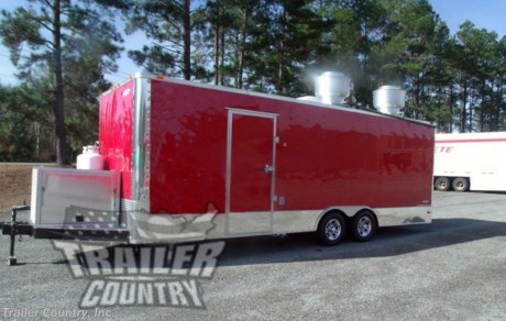 &lt;div&gt;NEW 8.5 X 24&#39; ENCLOSED MOBILE KITCHEN CONCESSION - FOOD VENDING - EVENT CATERING - TAIL GATE - BBQ COMPETITION TRAILER!&lt;/div&gt;
&lt;div&gt;&amp;nbsp;&lt;/div&gt;
&lt;div&gt;Up for your consideration is a Brand New Heavy Duty Elite Series Model 8.5 x 24 Tandem Axle, Enclosed Cargo Trailer Set up for Tail Gating, Bar-B-Q Competitions, Food Serving Vending...Loaded w/Upgrades &amp;amp; Appliances.&lt;/div&gt;
&lt;div&gt;&amp;nbsp;&lt;/div&gt;
&lt;div&gt;YOU&#39;VE SEEN THE REST...NOW BUY THE BEST!&lt;/div&gt;
&lt;div&gt;&amp;nbsp;&lt;/div&gt;
&lt;div&gt;Elite Series Standard Features:&lt;/div&gt;
&lt;div&gt;&amp;nbsp;&lt;/div&gt;
&lt;div&gt;- Heavy Duty 6&quot; I Beam Main Frame w/ 2&quot;X6&quot; Square Tube&lt;/div&gt;
&lt;div&gt;- 24&#39; Box Space - Flat Front&amp;nbsp;&lt;/div&gt;
&lt;div&gt;- 1&quot; X 1 1/2&quot; Square Tube Wall &amp;amp; Roof Cross members&lt;/div&gt;
&lt;div&gt;- 16&quot; On Center Walls&lt;/div&gt;
&lt;div&gt;- 16&quot; On Center Floors&lt;/div&gt;
&lt;div&gt;- 16&quot; On Center Roof Bows&lt;/div&gt;
&lt;div&gt;- (2) 3,500 lb &quot; DEXTER&quot; SPRING Axles w/ All Wheel Electric Brakes &amp;amp; EZ LUBE Grease Fittings (Electric Brakes on both Axles, Battery Back-Up, &amp;amp; Safety Switch).&lt;/div&gt;
&lt;div&gt;- 36&quot; Side Door with Flush Mounted RV Style Lock (Located on Driver side in this unit)&lt;/div&gt;
&lt;div&gt;- ATP Diamond Plate Recessed Step-Up in Side door&lt;/div&gt;
&lt;div&gt;- 6&#39;6&quot; Interior Height inside Box Space&lt;/div&gt;
&lt;div&gt;- Galvalume Seamed Roof w/ Thermo Ply Ceiling Liner&lt;/div&gt;
&lt;div&gt;- 2 5/16&quot; Coupler w/ Snapper Pin&lt;/div&gt;
&lt;div&gt;- Heavy Duty Safety Chains&lt;/div&gt;
&lt;div&gt;- 2K Top-Wind Jack&lt;/div&gt;
&lt;div&gt;- 7-Way Round RV Electrical Wiring Harness w/ Battery Back-Up &amp;amp; Safety Switch&lt;/div&gt;
&lt;div&gt;- 24&quot; ATP Front Stone Guard w/ ATP Nose Cap&lt;/div&gt;
&lt;div&gt;- Exterior L.E.D Lighting Package&lt;/div&gt;
&lt;div&gt;- 3/8&quot; Heavy Duty Top Grade Plywood Walls&lt;/div&gt;
&lt;div&gt;- 3/4&quot; Heavy Duty Top Grade Plywood Floors&lt;/div&gt;
&lt;div&gt;- Heavy Duty Smooth Fender Flares&lt;/div&gt;
&lt;div&gt;- Deluxe License Plate Holder&lt;/div&gt;
&lt;div&gt;- Top Quality Exterior Grade Automotive Paint&lt;/div&gt;
&lt;div&gt;- (1) 12-Volt Interior Trailer Light w/ Wall Switch&lt;/div&gt;
&lt;div&gt;- 15&quot; Radial Tires&lt;/div&gt;
&lt;div&gt;- Smooth Polished Front &amp;amp; Rear Corner Caps&lt;/div&gt;
&lt;div&gt;- Modular Wheels&lt;/div&gt;
&lt;div&gt;&amp;nbsp;&lt;/div&gt;
&lt;div&gt;Concession Packages and Upgrades:&amp;nbsp;&lt;/div&gt;
&lt;div&gt;&amp;nbsp;&lt;/div&gt;
&lt;div&gt;?- Concession Package ~ 12&#39; Range Hood, Air Flow Blower, 2 Interior Range Lights, Grease Trap on Roof.&amp;nbsp;&lt;/div&gt;
&lt;div&gt;- 1 ~ 3&#39; x 6&#39; Concession/Vending Window w/Glass &amp;amp; Screens Mounted on Curbside of Trailer&lt;/div&gt;
&lt;div&gt;- 1 ~ 12&quot; x 6&#39; Exterior Serving Tray Mounted Under Concession Window w/ Drop Brackets)&lt;/div&gt;
&lt;div&gt;- Upgrade: Add 1 Grease Trap Drain from Roof Top Exhaust to External Trap&lt;/div&gt;
&lt;div&gt;&amp;nbsp;&lt;/div&gt;
&lt;div&gt;Appliances:&lt;/div&gt;
&lt;div&gt;&amp;nbsp;&lt;/div&gt;
&lt;div&gt;- 1 ~ 49 Cu. ft Stainless Steel Reach-In Refrigerator&amp;nbsp;Cooler 2 Solid Doors&lt;/div&gt;
&lt;div&gt;- 1 ~ 24&quot; Counter Top Gas Charbroiler&lt;/div&gt;
&lt;div&gt;- 1 ~ 24&quot; Countertop Gas Griddle - Manual&lt;/div&gt;
&lt;div&gt;- 1 ~ 36&quot; Gas 6 Burner Restaurant Range w/ Standard Oven&amp;nbsp;&lt;/div&gt;
&lt;div&gt;- 1 ~ 40lb Capacity 4 Tube Gas Fired Deep Fryer&lt;/div&gt;
&lt;div&gt;- 1 ~ 29&quot; Stainless Steel Sandwich/Salad Prep Cooler&lt;/div&gt;
&lt;div&gt;- 1 ~ 14 cf Commercial Glass Door Cooler Merchandiser&lt;/div&gt;
&lt;div&gt;- 1 ~ 23 Cu.ft&amp;nbsp; Stainless Steel Reach In Freezer 1- Solid Door&lt;/div&gt;
&lt;div&gt;- Fire Suppression: Fire Suppression System - Installed in Range Hood w/ Sprinklers, Pipes Fully Charged and Certified&lt;/div&gt;
&lt;div&gt;- Propane Package ~ 2~ 100 lb Propane Tanks,&amp;nbsp; Regulator, LP Lines, w/6 Stub Outs (Cages/Tanks located in front of trailer - Please NOTE: (Tanks are Empty).&lt;/div&gt;
&lt;div&gt;- 2 ~ Propane Cages w/ Swing Door&lt;/div&gt;
&lt;div&gt;- Electrical Package ~ 100 Amp Panel Box w/25&#39; Life Line, 2~110 Volt Interior Recepts, 2~ 4&#39; 12 Volt L.E.D. Strip Lights w/ Battery&lt;/div&gt;
&lt;div&gt;- 4 ~ Additional 110 Volt Interior Recepts Throughout Unit. (Total of 6).&lt;/div&gt;
&lt;div&gt;- 4 ~ Exterior GFI Outlets&lt;/div&gt;
&lt;div&gt;- 2 ~ Exterior 110 Volt Light Pre-Wires&lt;/div&gt;
&lt;div&gt;- A/C Unit ~ Pre-wire &amp;amp; Brace, (15,000 BTU Unit w/ Heat Strip)&lt;/div&gt;
&lt;div&gt;- Deluxe Sink Package: 3 Oversized Sink Bays -16&quot; x 21&quot;x12&quot; Stainless Steel Sink Table w/Hardware, Upgraded 40 Gallon Fresh and 50 Gallon Waste Water Tanks, Hot Water Heater, Handwash Station in Sink Cabinet. (Victory Red in Color)&lt;/div&gt;
&lt;div&gt;- Mill Finish Sink Cover&lt;/div&gt;
&lt;div&gt;- 1 ~ Atmospheric Vent for Waste Tank&lt;/div&gt;
&lt;div&gt;- Cabinets and Counter Tops:&lt;/div&gt;
&lt;div&gt;- 1 ~ 6&#39; Base Cabinet in front of Serving Window 24&quot; Deep&lt;/div&gt;
&lt;div&gt;- Upgraded 6&#39; Base Cabinet to have 4 Drawers.&lt;/div&gt;
&lt;div&gt;- 1 ~ 3&#39; x 18&quot; Overhead Cabinet Over Sandwich Prep Cooler.&amp;nbsp;&lt;/div&gt;
&lt;div&gt;- 1 - 5&quot; X 24&quot; Cabinet Mounted Above Counter Top.&lt;/div&gt;
&lt;div&gt;- 15&quot; X 24&quot; Counter Top - Driver Side&lt;/div&gt;
&lt;div&gt;- From Sink Base to Ceiling&lt;/div&gt;
&lt;div&gt;- 1 ~ 3&#39; Base Cabinet Across From Fridge&lt;/div&gt;
&lt;div&gt;&amp;nbsp;&lt;/div&gt;
&lt;div&gt;Additional Upgrades Options:&lt;/div&gt;
&lt;div&gt;&amp;nbsp;&lt;/div&gt;
&lt;div&gt;- Upgraded Axles- to (2) 5,200 lb &quot; DEXTER&quot; SPRING Axles w/ All Wheel Electric Brakes &amp;amp; EZ LUBE Grease Fittings (Electric Brakes on both Axles, Battery Back-Up, &amp;amp; Safety Switch).&lt;/div&gt;
&lt;div&gt;- 3&#39;x 6&#39; Concession Window (No Glass/No Screens) (for Shadowbox)&lt;/div&gt;
&lt;div&gt;- Shadowbox Installed inside Concession Window w/Black Carpet and 1- 110V Outlet.&lt;/div&gt;
&lt;div&gt;- RTP(Rubber Tread Plate) Flooring&lt;/div&gt;
&lt;div&gt;- Mill Finish Metal Ceiling and Walls&lt;/div&gt;
&lt;div&gt;- Insulated Ceiling and Walls?&lt;/div&gt;
&lt;div&gt;- No Beaver Tail - Straight Deck&lt;/div&gt;
&lt;div&gt;- Solid Rear Wall - No Rear Ramp Door&amp;nbsp;&lt;/div&gt;
&lt;div&gt;- Add 48&quot; Door -Mounted in Rear Wall - Centered&lt;/div&gt;
&lt;div&gt;- 12&quot; Increased Interior Height -(Total is approx. 7&#39;6&quot;)&lt;/div&gt;
&lt;div&gt;- Generator Platform - 60&quot; Extended Tongue, ATP&amp;nbsp; Diamond Plate Covered &quot; Paul Gallows&quot; Generator Platform&lt;/div&gt;
&lt;div&gt;- Generator Box- ATP Diamond Plate Generator Box w/ Side Opening&lt;/div&gt;
&lt;div&gt;- Moved Standard 36&quot; Side Door to Driver&#39;s Side of Trailer&lt;/div&gt;
&lt;div&gt;- Upgraded Exterior Metal to .030 Victory Red Metal&lt;/div&gt;
&lt;div&gt;- Aluminum Star Mag Wheels&lt;/div&gt;
&lt;div&gt;- Radial Tires&lt;/div&gt;
&lt;div&gt;- 16&#39; Black Awning&lt;/div&gt;
&lt;div&gt;- 1 ~ Powered Roof Vent w/ Fan -110 Volt (No Remote)&lt;/div&gt;
&lt;p&gt;&amp;nbsp;&lt;/p&gt;
&lt;p&gt;* * N.A.T.M. Inspected and Certified * *&lt;br /&gt;* * Manufacturers Title and 5 Year Limited&amp;nbsp;Warranty Included * *&lt;br /&gt;* * PRODUCT LIABILITY INSURANCE * *&lt;br /&gt;* * FINANCING IS AVAILABLE W/ APPROVED CREDIT * *&lt;/p&gt;
&lt;p&gt;&lt;br /&gt;Trailer is offered @ factory direct pick up in Willacoochee, GA...We also offer Nationwide Delivery, please contact us for more information.&lt;br /&gt;CALL: 888-710-2112&lt;br /&gt;&amp;nbsp;&lt;/p&gt;