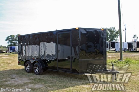 &lt;p&gt;&amp;nbsp;&lt;/p&gt;
&lt;div&gt;NEW 7 X 16 V-NOSED ENCLOSED CARGO TRAILER&lt;/div&gt;
&lt;div&gt;&amp;nbsp;&lt;/div&gt;
&lt;div&gt;Up for your consideration is a Brand New Model 7 X 16 Tandem Axle, V-Nosed Enclosed Motorcycle Cargo Trailer w/BLACKOUT PACKAGE.&lt;/div&gt;
&lt;div&gt;&amp;nbsp;&lt;/div&gt;
&lt;div&gt;Standard ALL AMERICAN SERIES Features:&lt;/div&gt;
&lt;div&gt;&amp;nbsp;&lt;/div&gt;
&lt;div&gt;&amp;bull;Heavy Duty 2&quot; x 4&quot; Square Tube Main Frame&amp;nbsp;&lt;/div&gt;
&lt;div&gt;&amp;bull;Heavy Duty 1&quot; x 1&quot; Square Tubular Wall Studs &amp;amp; Roof Bows&lt;/div&gt;
&lt;div&gt;&amp;bull;16&#39; Box Space + V-Nose&lt;/div&gt;
&lt;div&gt;&amp;bull;Rear Medium Spring Assisted Ramp Door with 16&quot; Ramp Flap&lt;/div&gt;
&lt;div&gt;&amp;bull;16&quot; On Center Wall &amp;amp; Floor &amp;amp; Ceiling Crossmembers&lt;/div&gt;
&lt;div&gt;&amp;bull;(2) 3,500lb 4&quot; All Wheel Electric Brake Drop Axles w/ EZ LUBE Grease Fittings, Battery Back-up, Safety Switch, and Break-A-Way Kit.&lt;/div&gt;
&lt;div&gt;&amp;bull;32&quot; Piano Hinge Side Door with RV Style Flush Lock&lt;/div&gt;
&lt;div&gt;&amp;bull;6&#39; Interior Height&lt;/div&gt;
&lt;div&gt;&amp;bull;Galvalume Seamed Roof with Luan Lining Strip&lt;/div&gt;
&lt;div&gt;&amp;bull;2 5/16&quot; Coupler w/ Snapper Pin&lt;/div&gt;
&lt;div&gt;&amp;bull;Heavy Duty Safety Chains&lt;/div&gt;
&lt;div&gt;&amp;bull;7-Way Round RV Style Wiring Harness Plug&lt;/div&gt;
&lt;div&gt;&amp;bull;3/8&quot; Heavy Duty Top Grade Plywood Walls&lt;/div&gt;
&lt;div&gt;&amp;bull;3/4&quot; Heavy Duty Top Grade Plywood Floors&lt;/div&gt;
&lt;div&gt;&amp;bull;Smooth Rounded Tear Drop Fenders&lt;/div&gt;
&lt;div&gt;&amp;bull;2K A-Frame Top Wind Jack&lt;/div&gt;
&lt;div&gt;&amp;bull;Top Quality Exterior Grade Paint&lt;/div&gt;
&lt;div&gt;&amp;bull;(1) Non-Powered Interior Roof Vent&lt;/div&gt;
&lt;div&gt;&amp;bull;(1) 12 Volt Interior Trailer Dome Light w/ Wall Switch&lt;/div&gt;
&lt;div&gt;&amp;bull;24&quot; Diamond Plate ATP Front Stone Guard&lt;/div&gt;
&lt;div&gt;&amp;bull;15&quot; Radial (ST20575D15) Tires &amp;amp; Wheels&lt;/div&gt;
&lt;div&gt;&amp;nbsp;&lt;/div&gt;
&lt;div&gt;Custom Blackout Package:&lt;/div&gt;
&lt;div&gt;&amp;nbsp;&lt;/div&gt;
&lt;div&gt;&amp;bull;Color - Your Choice Black or White Aluminum&lt;/div&gt;
&lt;div&gt;&amp;bull;Spider Aluminum Mag Wheels&lt;/div&gt;
&lt;div&gt;&amp;bull;Radial Tires (ST20575R15)&lt;/div&gt;
&lt;div&gt;&amp;bull;Blackout Trim -Including Top Trim, Bottom Trim, &amp;amp; Door Trim&lt;/div&gt;
&lt;div&gt;&amp;bull;Blackout Door Hardware&lt;/div&gt;
&lt;div&gt;&amp;bull;24&quot; Black ATP (Aluminum Tread Plate) Front Stone Guard and V-Nose Cap&lt;/div&gt;
&lt;div&gt;&amp;nbsp;&lt;/div&gt;
&lt;p&gt;* * N.A.T.M. Inspected and Certified * *&lt;br /&gt;* * Manufacturers Title and 1 Year Limited Warranty Included * *&lt;br /&gt;* * PRODUCT LIABILITY INSURANCE * *&lt;br /&gt;* * FINANCING IS AVAILABLE W/ APPROVED CREDIT * *&lt;/p&gt;
&lt;p&gt;ASK US ABOUT OUR RENT TO OWN PROGRAM - NO CREDIT CHECK - LOW DOWN PAYMENT.&amp;nbsp;&lt;/p&gt;
&lt;p&gt;&lt;br /&gt;Trailer is offered @ factory direct pick up in Willacoochee, GA...We also offer Nationwide Delivery, please contact us for more information.&lt;br /&gt;CALL: 888-710-2112&lt;/p&gt;