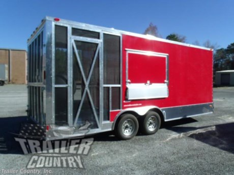 &lt;div&gt;NEW 8.5 X 20&#39; V-NOSED ENCLOSED CONCESSION TRAILER w/COVERED PORCH !&lt;/div&gt;
&lt;div&gt;&amp;nbsp;&lt;/div&gt;
&lt;div&gt;Up for your consideration is a Brand New Heavy Duty Elite Series Model 8.5 x 20 V-Nosed Enclosed, Tandem Axle, Porch Trailer w/ Concession Options &amp;amp; Upgrades.&lt;/div&gt;
&lt;div&gt;&amp;nbsp;&lt;/div&gt;
&lt;div&gt;YOU&#39;VE SEEN THE REST...NOW BUY THE BEST!&lt;/div&gt;
&lt;div&gt;&amp;nbsp;&lt;/div&gt;
&lt;div&gt;Elite Series Standard Features:?&lt;/div&gt;
&lt;div&gt;&amp;nbsp;&lt;/div&gt;
&lt;div&gt;- Heavy Duty 6&quot; I-Beam Main Frame w/ 2&quot; x 6&quot; Square Tube&lt;/div&gt;
&lt;div&gt;- Heavy Duty 1&quot; x 1 1/2&quot; Square Tubular Wall Studs &amp;amp; Roof Bows&lt;/div&gt;
&lt;div&gt;- 14&#39; Box Space + 8&#39; Covered Utility Porch (Total 22&#39; Overall)&lt;/div&gt;
&lt;div&gt;- 16&quot; On Center Walls&lt;/div&gt;
&lt;div&gt;- 16&quot; On Center Floors&lt;/div&gt;
&lt;div&gt;- 16&quot; On Center Roof Bows&lt;/div&gt;
&lt;div&gt;- Complete Braking System (Electric Brakes on both axles, Battery Back-Up, &amp;amp; Safety Switch)&lt;/div&gt;
&lt;div&gt;- (2) 3,500 lb 4&quot; &quot;Dexter&quot; Drop Axles w/ EZ LUBE Grease Fittings (Self Adjusting Brakes Axles)&lt;/div&gt;
&lt;div&gt;- 32&quot; Side Door with Bar Lock on Driver Side&amp;nbsp;&lt;/div&gt;
&lt;div&gt;- 6&#39;6&quot; Interior Height&lt;/div&gt;
&lt;div&gt;- Triple Tube Tongue&lt;/div&gt;
&lt;div&gt;- Galvalume Seamed Roof w/ Thermo Ply Ceiling Liner&lt;/div&gt;
&lt;div&gt;- 2 5/16&quot; Coupler w/ Snapper Pin&lt;/div&gt;
&lt;div&gt;- Heavy Duty Safety Chains&lt;/div&gt;
&lt;div&gt;- 7-Way Round RV Style Wiring Harness Plug&lt;/div&gt;
&lt;div&gt;- 3/8&quot; Heavy Duty Top Grade Plywood Walls&lt;/div&gt;
&lt;div&gt;- 3/4&quot; Heavy Duty Top Grade Plywood Floors&lt;/div&gt;
&lt;div&gt;- Smooth Teardrop Style Fender Flares&lt;/div&gt;
&lt;div&gt;- 2,000 lb A-Frame Top Wind Jack&lt;/div&gt;
&lt;div&gt;- Top Quality Exterior Grade Paint&lt;/div&gt;
&lt;div&gt;- (1) Non-Powered Interior Roof Vent&lt;/div&gt;
&lt;div&gt;- (1) 12 Volt Interior Trailer Dome Light w/ Wall Switch&lt;/div&gt;
&lt;div&gt;- 24&quot; Diamond Plate ATP Front Stone Guard&amp;nbsp;&lt;/div&gt;
&lt;div&gt;- 15&quot; Radial (ST20575R15) Tires &amp;amp; Wheels&lt;/div&gt;
&lt;div&gt;- Exterior L.E.D. Lighting Package&lt;/div&gt;
&lt;div&gt;&amp;nbsp;&lt;/div&gt;
&lt;div&gt;Concession Options &amp;amp; Upgrades:&lt;/div&gt;
&lt;div&gt;&amp;nbsp;&lt;/div&gt;
&lt;div&gt;- Concession Package - (6&#39; Range Hood, Air Flow Blower, 2 Interior Range Lights, Grease Trap on Roof).&amp;nbsp;&lt;/div&gt;
&lt;div&gt;- 1 - 3&#39; x 5&#39; Concession/Vending Window w/Glass &amp;amp; Screens Mounted on Curbside of Trailer&lt;/div&gt;
&lt;div&gt;- 1 - 12&quot; x 5&#39; Exterior Serving Tray Mounted Under Concession Window w/ Drop Brackets)&lt;/div&gt;
&lt;div&gt;- ?1 - 24&quot; x 5&#39; Base Cabinet Installed Interior of Trailer Under Concession Window&lt;/div&gt;
&lt;div&gt;- Sink Package - 3 Stainless Steel Sinks in Stainless Steel Table w/ Hardware in Mill Finish, 28 Gallon Fresh Water Tank, 35 Gallon Waste Water Tank, 6 Gallon Hot Water Heater w/ Handwash Station in Cabinet.&lt;/div&gt;
&lt;div&gt;&amp;nbsp;&lt;/div&gt;
&lt;div&gt;Appliances:&lt;/div&gt;
&lt;div&gt;&amp;nbsp;&lt;/div&gt;
&lt;div&gt;- 1 - 30&quot; X 30&quot; Work Table 16/300 Stainless Steel w/ Galvanized Under shell&lt;/div&gt;
&lt;div&gt;- Charcoal Grill (Installed on Rear)&amp;nbsp;&lt;/div&gt;
&lt;div&gt;- A/C Unit- Pre-wire &amp;amp; Brace in place of Standard Roof Vent (13,500 BTU w/ Heat Strip)&lt;/div&gt;
&lt;div&gt;- Electrical Package ~ (100 Amp Panel Box w/Life Line, 2-110 Volt Interior Recepts, 2-4&#39; 12 Volt L.E.D. Strip Lights w/ Battery&lt;/div&gt;
&lt;div&gt;- 1 - Additional 4 Fluorescent Shop Lights (Installed in Porch Roof)&lt;/div&gt;
&lt;div&gt;- 1 - Exterior GFI Outlet&lt;/div&gt;
&lt;div&gt;- 4 - Additional -110 Volt Interior Recepts&lt;/div&gt;
&lt;div&gt;- Black &amp;amp; White Checkered Flooring on Trailer Interior&amp;nbsp;&lt;/div&gt;
&lt;div&gt;- White Metal Walls &amp;amp; Ceiling Liner on Trailer Interior&lt;/div&gt;
&lt;div&gt;- Insulated Walls &amp;amp; Ceiling&lt;/div&gt;
&lt;div&gt;?&lt;/div&gt;
&lt;div&gt;Rear Porch Option &amp;amp; Upgrades:&lt;/div&gt;
&lt;div&gt;&amp;nbsp;&lt;/div&gt;
&lt;div&gt;- 6&#39; Covered Rear Porch Option&lt;/div&gt;
&lt;div&gt;- Upgraded Mill Finish Ceiling in Porch Area&lt;/div&gt;
&lt;div&gt;- Screened in 6&#39; Rear Porch on Trailer Rear w/ Screen Door&lt;/div&gt;
&lt;div&gt;- 3/4&quot; Pressure Treated Plywood Floor w/ATP Aluminum Tread Plate Flooring in Rear Porch Area Only&lt;/div&gt;
&lt;div&gt;- Solid Rear Wall in Box Space&lt;/div&gt;
&lt;div&gt;- 6&quot; Rear Access Door to Rear Porch&lt;/div&gt;
&lt;div&gt;&amp;nbsp;&lt;/div&gt;
&lt;div&gt;Additional Upgrades:&lt;/div&gt;
&lt;div&gt;&amp;nbsp;&lt;/div&gt;
&lt;div&gt;- Straight Deck (NO Dove/Beavertail)&lt;/div&gt;
&lt;div&gt;- Extended Tongue&lt;/div&gt;
&lt;div&gt;- Upgraded .030 Red Metal Exterior -(on 14&#39; Box)&lt;/div&gt;
&lt;div&gt;- 12&quot; Additional Interior Height (approx. total interior height 7&#39;6&quot;)&lt;/div&gt;
&lt;div&gt;- Side Door Relocated to Driver Side 24&quot; from Front Corner&lt;/div&gt;
&lt;div&gt;&amp;nbsp;&lt;/div&gt;
&lt;p&gt;* * N.A.T.M. Inspected and Certified * *&lt;br /&gt;* * Manufacturers Title and 5 Year Limited&amp;nbsp;Warranty Included * *&lt;br /&gt;* * PRODUCT LIABILITY INSURANCE * *&lt;/p&gt;
&lt;p&gt;* * FINANCING IS AVAILABLE W/ APPROVED CREDIT * *&lt;/p&gt;
&lt;p&gt;Trailer is offered @ factory direct pick up in Willacoochee, GA...We also offer Nationwide Delivery, please contact us for more information.&lt;br /&gt;CALL: 888-710-2112&lt;/p&gt;