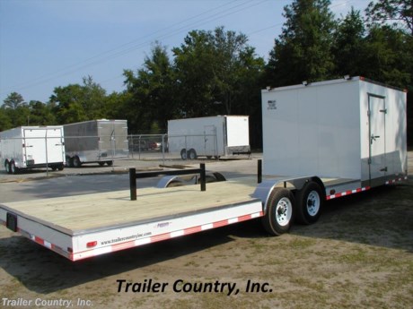&lt;div&gt;NEW 8.5 X 30&#39; HYBRID ENCLOSED + UTILITY TRAILER&lt;/div&gt;
&lt;div&gt;&amp;nbsp;&lt;/div&gt;
&lt;div&gt;Up for your consideration is a Brand New Model 8.5 x 30 Tandem Axle, Hybrid Enclosed Cargo + Open Deck Utility Trailer.&lt;/div&gt;
&lt;div&gt;&amp;nbsp;&lt;/div&gt;
&lt;div&gt;Great for Motorcycles, ATV&#39;s, Snowmobiles, Cars and MORE!!&amp;nbsp;&amp;nbsp;&lt;/div&gt;
&lt;div&gt;&amp;nbsp;&lt;/div&gt;
&lt;div&gt;YOU&#39;VE SEEN THE REST...NOW BUY THE BEST!!&lt;/div&gt;
&lt;div&gt;&amp;nbsp;&lt;/div&gt;
&lt;div&gt;Now with THERMO PLY CEILING LINER, L.E.D. LIGHTING PACKAGE, RADIAL TIRES, + ALL the other TOP QUALITY FEATURES listed in this ad!&lt;/div&gt;
&lt;div&gt;&amp;nbsp;&lt;/div&gt;
&lt;div&gt;ELITE SERIES FEATURES:&lt;/div&gt;
&lt;div&gt;&amp;nbsp;&lt;/div&gt;
&lt;div&gt;- Heavy Duty 6&quot; I-Beam Main Frame W/ 2&quot; X 6&quot; Tube&lt;/div&gt;
&lt;div&gt;- Heavy Duty 54&quot; Triple Tube Tongue&lt;/div&gt;
&lt;div&gt;- Heavy Duty Square Tubing Wall Studs &amp;amp; Roof Bows (** TRUE 1&quot; X&#39;1/2&quot; SQUARE TUBE**)&lt;/div&gt;
&lt;div&gt;- 10&#39; Total Box Space + V-Nose + 20&#39; Open Deck (30&#39; + Overall).&lt;/div&gt;
&lt;div&gt;- 16&quot; On Center Walls&lt;/div&gt;
&lt;div&gt;- 16&quot; On Center Floors&lt;/div&gt;
&lt;div&gt;- 16&quot; On Center Roof Bows&lt;/div&gt;
&lt;div&gt;- (2) 5,200lb 4&quot; &quot;Dexter&quot; Drop Axles w/ All Wheel Electric Brakes &amp;amp; EZ LUBE Grease Fittings&lt;/div&gt;
&lt;div&gt;- 36&quot; Side Door with RV Flush Lock &amp;amp; VERY SECURE Bar Lock&lt;/div&gt;
&lt;div&gt;- ATP Diamond Plate Recessed Step-Up&lt;/div&gt;
&lt;div&gt;- 7&#39; Interior Height&lt;/div&gt;
&lt;div&gt;- Plywood Roof Option&lt;/div&gt;
&lt;div&gt;- Galvalume Seamed Roof w/ Thermo Ply Ceiling Liner&lt;/div&gt;
&lt;div&gt;- 2 5/16&quot; Coupler w/ Snapper Pin&lt;/div&gt;
&lt;div&gt;- Heavy Duty Safety Chains&lt;/div&gt;
&lt;div&gt;- 7-Way Round RV Electrical Wiring Harness w/ Battery Back-Up &amp;amp; Safety Switch&lt;/div&gt;
&lt;div&gt;- 3/8&quot; Heavy Duty TOP Grade Plywood Walls&lt;/div&gt;
&lt;div&gt;- 3/4&quot; Heavy Duty TOP Grade Plywood Floors&lt;/div&gt;
&lt;div&gt;- Heavy Duty Smooth Aluminum Fender Flares&lt;/div&gt;
&lt;div&gt;- 2K A-Frame Top Wind Jack&lt;/div&gt;
&lt;div&gt;- Deluxe License Plate Holder&lt;/div&gt;
&lt;div&gt;- Top Quality Exterior Grade Paint&lt;/div&gt;
&lt;div&gt;- (1) Non-Powered Interior Roof Vent&lt;/div&gt;
&lt;div&gt;- (1) 12 Volt Interior Trailer Light w/ Wall Switch&lt;/div&gt;
&lt;div&gt;- 24&quot; Diamond Plate ATP Front Stone Guard with matching V-Nose Diamond Plate Cap&lt;/div&gt;
&lt;div&gt;- Smooth Polished Aluminum Front Corners&lt;/div&gt;
&lt;div&gt;- 15&quot; Radial (ST20575R15) Tires &amp;amp; Wheels&lt;/div&gt;
&lt;div&gt;- .030 White Color Exterior&lt;/div&gt;
&lt;div&gt;- Screwless Metal Exterior&lt;/div&gt;
&lt;div&gt;- Exterior L.E.D. Lighting Package&lt;/div&gt;
&lt;div&gt;- L.E.D. Strip Tail Lights&lt;/div&gt;
&lt;div&gt;- 3 Exterior Loading Lights&lt;/div&gt;
&lt;div&gt;&amp;nbsp;&lt;/div&gt;
&lt;div&gt;UTILITY TRAILER DETAILS:&lt;/div&gt;
&lt;div&gt;&amp;nbsp;&lt;/div&gt;
&lt;div&gt;- 20&#39; Open Deck&lt;/div&gt;
&lt;div&gt;- 2 x 6 Pressure Treated Plank&lt;/div&gt;
&lt;div&gt;- Recessed Pull Out Ramps&lt;/div&gt;
&lt;p&gt;&amp;nbsp;&lt;/p&gt;
&lt;p&gt;* * N.A.T.M. Inspected and Certified * *&lt;br /&gt;* * Manufacturers Title and 5 Year Limited Warranty Included * *&lt;br /&gt;* * PRODUCT LIABILITY INSURANCE * *&lt;br /&gt;* * FINANCING IS AVAILABLE W/ APPROVED CREDIT * *&lt;/p&gt;
&lt;p&gt;&lt;br /&gt;Trailer is offered @ factory direct pick up in Willacoochee, GA...We also offer Nationwide Delivery, please contact us for more information.&lt;br /&gt;CALL: 888-710-2112&lt;/p&gt;