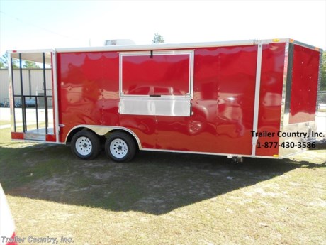 &lt;div&gt;NEW 8.5 X 20 ENCLOSED CONCESSION TRAILER&lt;/div&gt;
&lt;div&gt;&amp;nbsp;&lt;/div&gt;
&lt;div&gt;Up for your consideration is a Brand New Model 8.5x20 Tandem Axle, Enclosed Concession/Food Vending Cargo Trailer.&lt;/div&gt;
&lt;div&gt;&amp;nbsp;&lt;/div&gt;
&lt;div&gt;ALL the TOP QUALITY FEATURES listed in this ad!&lt;/div&gt;
&lt;div&gt;&amp;nbsp;&lt;/div&gt;
&lt;div&gt;Standard Elite Series Features:&lt;/div&gt;
&lt;div&gt;&amp;nbsp;&lt;/div&gt;
&lt;div&gt;- Heavy Duty 6&quot; I Beam Main Frame with 2 X 6 Square Tube&lt;/div&gt;
&lt;div&gt;- Heavy Duty 1&quot; x 1 1/2&quot; Square Tubular Wall Studs &amp;amp; Roof Bows&lt;/div&gt;
&lt;div&gt;- 16&#39; Box Space + V-Nose + 4&#39; Covered Porch (20&#39; + Total Length Tip to Rear).&lt;/div&gt;
&lt;div&gt;- 16&quot; On Center Walls&lt;/div&gt;
&lt;div&gt;- 16&quot; On Center Floors&lt;/div&gt;
&lt;div&gt;- 16&quot; On Center Roof Bows&lt;/div&gt;
&lt;div&gt;- Complete Braking System (Electric Brakes on both Axles, Battery Back-Up, &amp;amp; Safety Switch).&lt;/div&gt;
&lt;div&gt;- (2) 3,500lb 4&quot; &quot;Dexter&quot; Drop Axles w/ EZ LUBE Grease Fittings (Self Adjusting Brakes Axles)&lt;/div&gt;
&lt;div&gt;- 32&quot; Side Door with Bar Lock on Driver Side&lt;/div&gt;
&lt;div&gt;- 6&#39;6&quot; Interior Height&lt;/div&gt;
&lt;div&gt;- Galvalume Seamed Roof w/ Thermo Ply Ceiling Liner&lt;/div&gt;
&lt;div&gt;- 2 5/16&quot; Coupler w/ Snapper Pin&lt;/div&gt;
&lt;div&gt;- Heavy Duty Safety Chains&lt;/div&gt;
&lt;div&gt;- 7-Way Round RV Style Wiring Harness Plug&lt;/div&gt;
&lt;div&gt;- 3/8&quot; Heavy Duty Top Grade Plywood Walls&lt;/div&gt;
&lt;div&gt;- 3/4&quot; Heavy Duty Top Grade Plywood Floors&lt;/div&gt;
&lt;div&gt;- Smooth Tear Drop Style Fender Flares&lt;/div&gt;
&lt;div&gt;- 2K A-Frame Top Wind Jack&lt;/div&gt;
&lt;div&gt;- Top Quality Exterior Grade Paint&lt;/div&gt;
&lt;div&gt;- (1) Non-Powered Interior Roof Vent&lt;/div&gt;
&lt;div&gt;- (1) 12 Volt Interior Trailer Dome Light w/ Wall Switch&lt;/div&gt;
&lt;div&gt;- 24&quot; Diamond Plate ATP Front Stone Guard&lt;/div&gt;
&lt;div&gt;- 15&quot; Radial (ST20575R15) Tires &amp;amp; Wheels&lt;/div&gt;
&lt;div&gt;- Exterior L.E.D. Lighting Package&lt;/div&gt;
&lt;div&gt;&amp;nbsp;&lt;/div&gt;
&lt;div&gt;Concession &amp;amp; Porch Package:&lt;/div&gt;
&lt;div&gt;&amp;nbsp;&lt;/div&gt;
&lt;div&gt;- 1 - 3 x 5 Concession/Vending Window w/ Glass and Screens (on Passenger Side Center)&lt;/div&gt;
&lt;div&gt;- 12&quot; x 6&#39; Prep Table (Interior Under Concession Window)&lt;/div&gt;
&lt;div&gt;- Serving Counter 12&quot; x 5&#39; Under Concession Window- Exterior&lt;/div&gt;
&lt;div&gt;- A/C Unit, Prewire &amp;amp; Brace (13,500 BTU Unit w/ Heat Strip)&lt;/div&gt;
&lt;div&gt;- Sink Package ~ 3 Stainless Steel Sinks w/ Hardware, Cabinet, Handwash, 20 Gallon Fresh Water Tank, 30 Gallon Waste Water Tank, &amp;amp; 6 Gallon Hot Water Heater&lt;/div&gt;
&lt;div&gt;- Electrical Package ~ (100 Amp Panel Box w/ 25&#39; Life Line, 3-110 Volt Interior Recepts, 2-4 Foot 12 Volt L.E.D. Strip Lights w/ Battery&lt;/div&gt;
&lt;div&gt;- Black and White Checkered Flooring on Trailer Interior&lt;/div&gt;
&lt;div&gt;- White Metal Walls and Ceiling Liner on Trailer Interior&lt;/div&gt;
&lt;div&gt;- Insulated Walls&lt;/div&gt;
&lt;div&gt;- 14&#39; Black and White Checkered Awning&lt;/div&gt;
&lt;div&gt;- 4&#39; Covered Porch Option w/ Step-up, 36&quot; Side Rails&lt;/div&gt;
&lt;div&gt;- Pressure Treated Plywood Floor w/ ATP Diamond Plate Flooring on top of Rear Porch Area&lt;/div&gt;
&lt;div&gt;- 24&quot; Walk Through Door to Trailer Porch on Solid Rear Wall&lt;/div&gt;
&lt;div&gt;- 1- 4-Way Quartz Light on Porch&lt;/div&gt;
&lt;div&gt;- Stabilizer Jacks (Pair)&lt;/div&gt;
&lt;p&gt;&amp;nbsp;&lt;/p&gt;
&lt;p&gt;* * N.A.T.M. Inspected and Certified * *&lt;br /&gt;* * Manufacturers Title and 5 Limited Year Warranty Included * *&lt;br /&gt;* * PRODUCT LIABILITY INSURANCE * *&lt;br /&gt;* * FINANCING IS AVAILABLE W/ APPROVED CREDIT * *&lt;/p&gt;
&lt;p&gt;&lt;br /&gt;Trailer is offered @ factory direct pick up in Willacoochee, GA...We also offer Nationwide Delivery, please contact us for more information.&lt;br /&gt;CALL: 888-710-2112&lt;/p&gt;